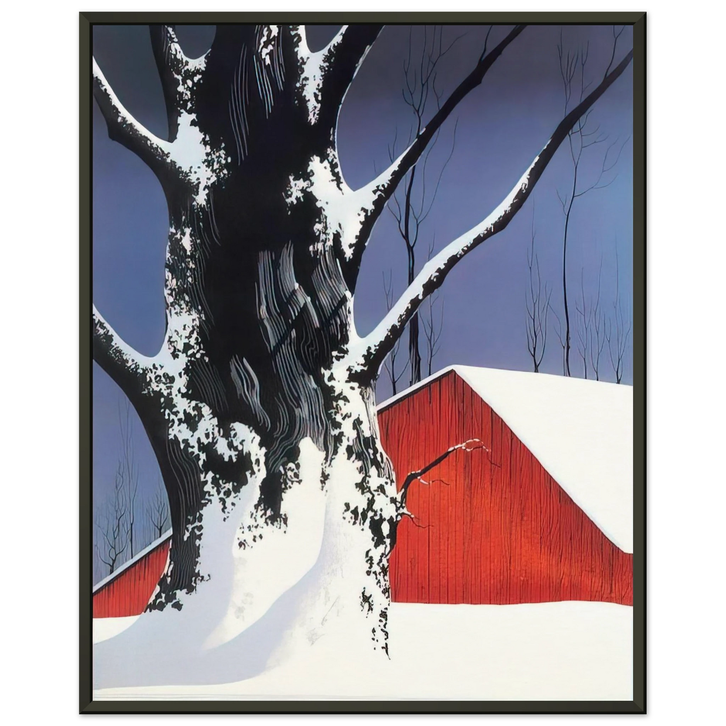 Eyvind Earle Red Barn and Tree Snow Framed Art Print - Aluminum Frame - 60x80 cm / 24x32 inches