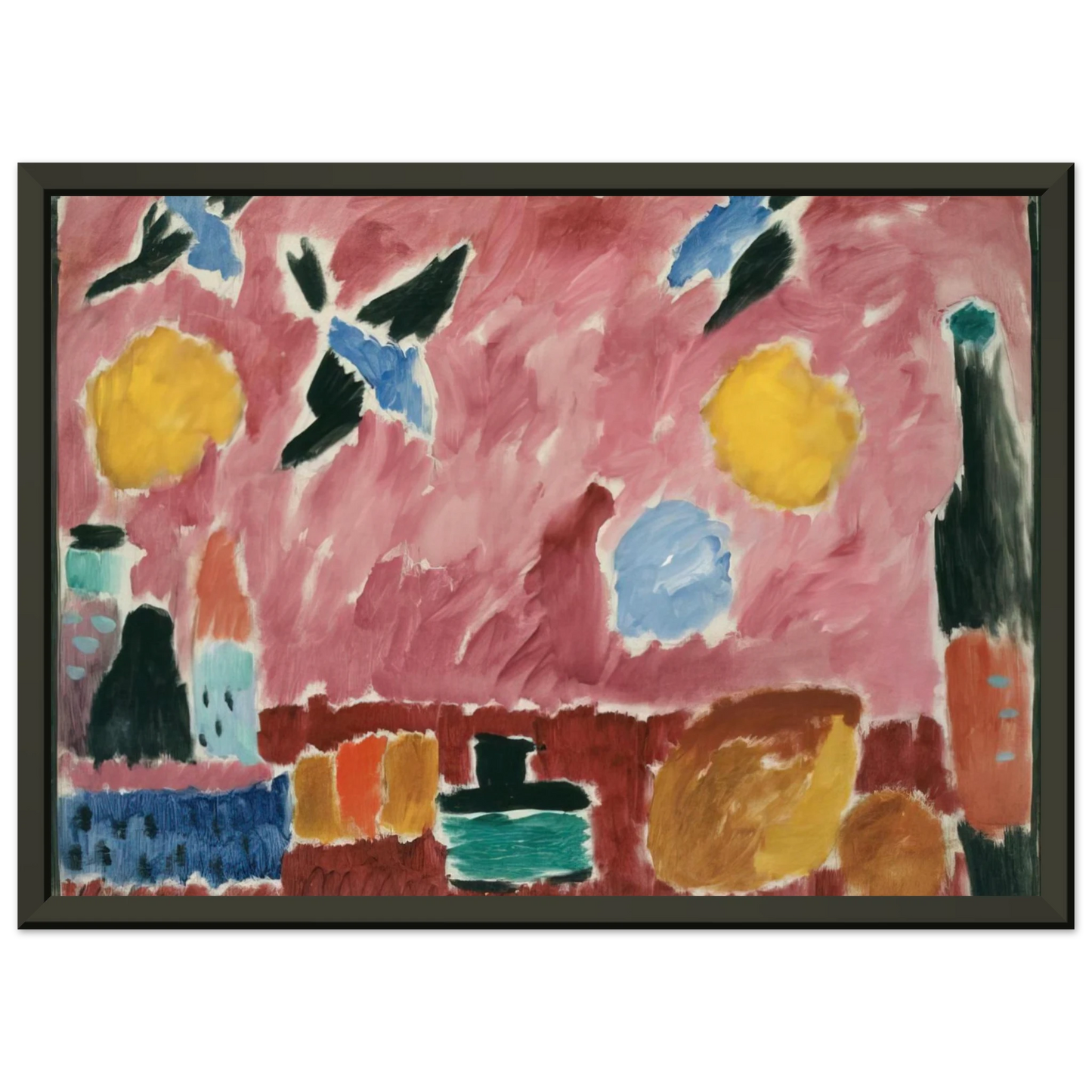 Alexej von Jawlensky STILL LIFE WITH BOTTLE BREAD AND RED WALLPAPER WITH SWALLOWS 1915 Framed Art Print - Aluminum Frame - 70x100 cm / 28x40 inches