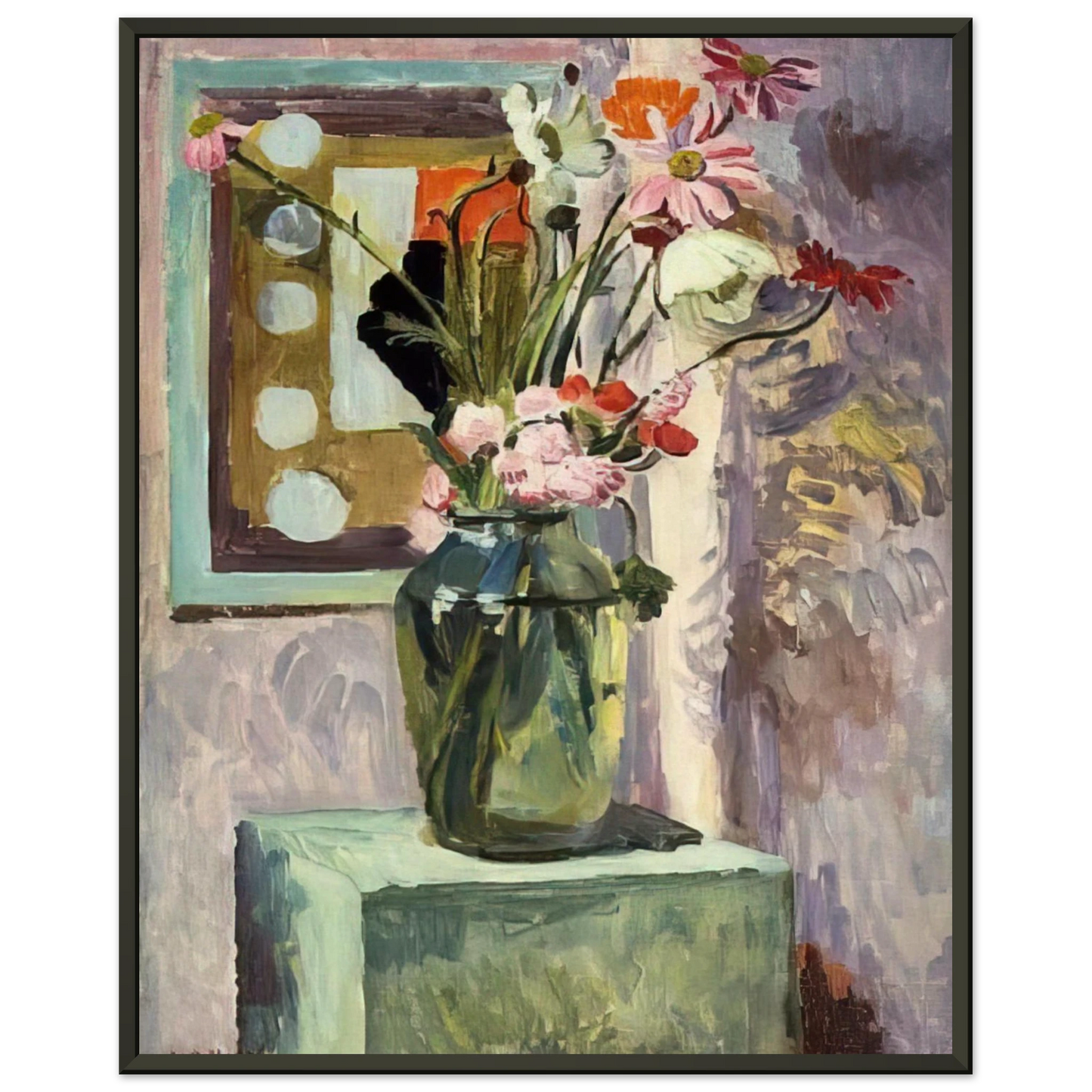 Vanessa Bell FLOWERS IN A GLASS VASE WITH ABSTRACT NEEDLEWORK DESIGN Framed Art Print - Aluminum Frame - 60x80 cm / 24x32 inches