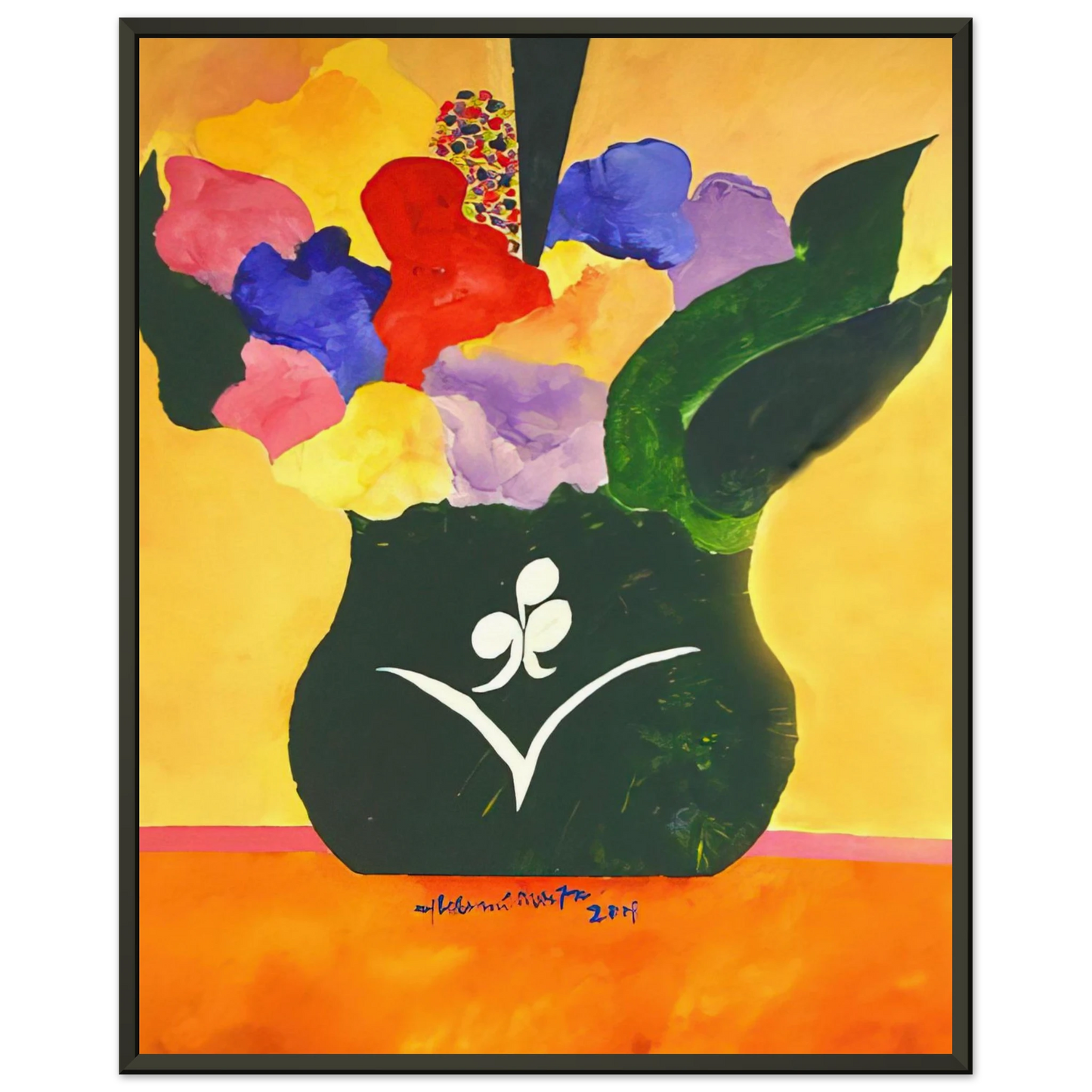 Aldemir Martins Green Vase With Flowers and Fruit 2001 Framed Art Print - Aluminum Frame - 40x50 cm / 16x20 inches