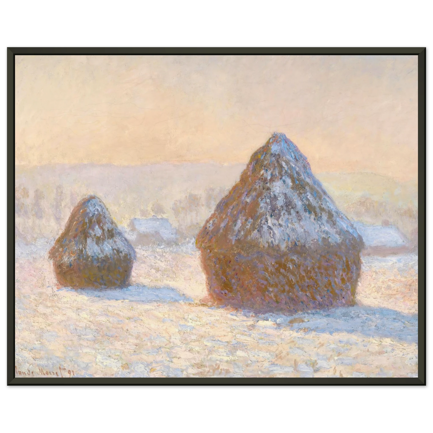 claude monet Wheatstacks Snow Effect Morning Framed Art Print - Aluminum Frame - 70x100 cm / 28x40 inches