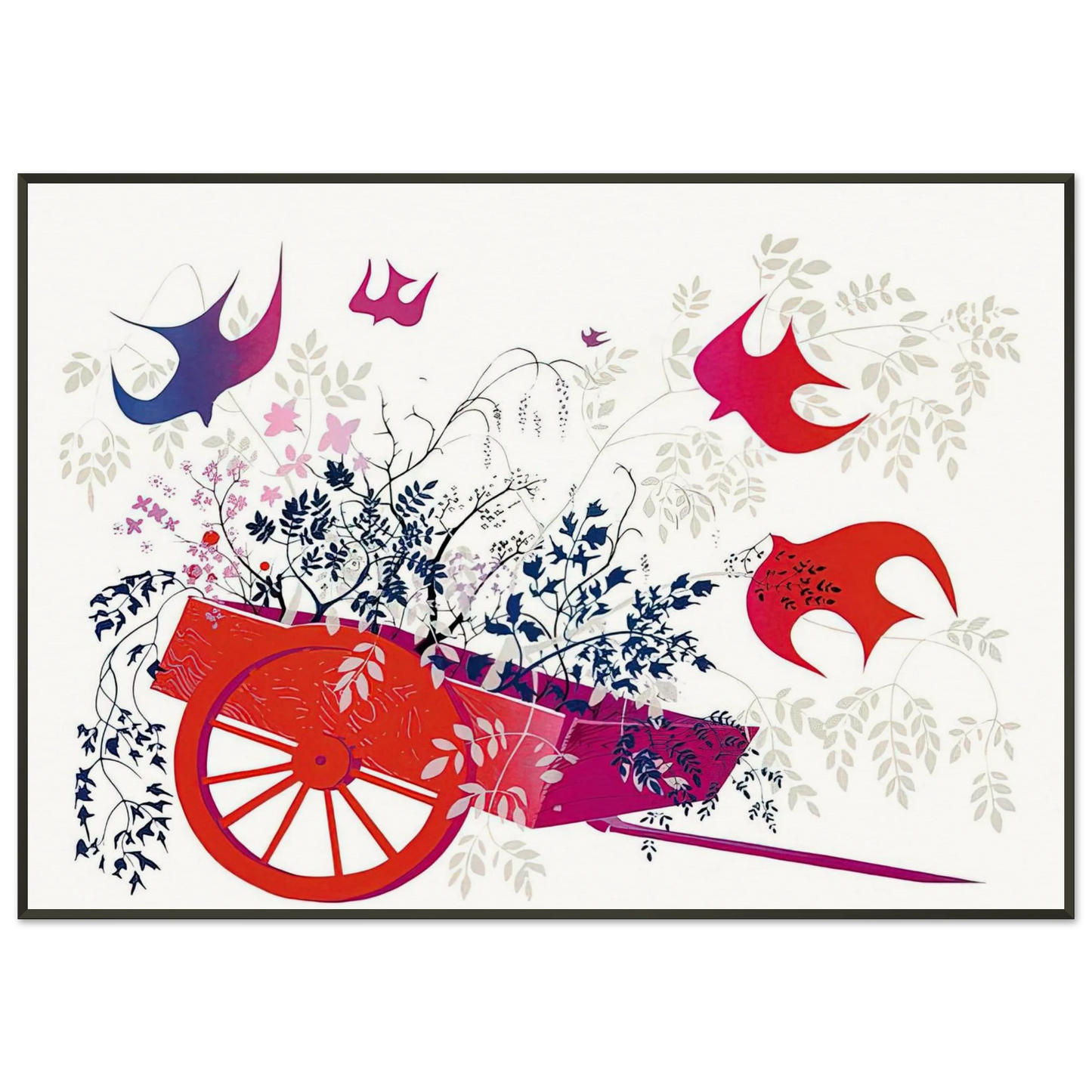 Eyvind Earle  Red Wagon  Foliage Framed Art Print  - Aluminum Frame - 21x29.7 cm / 8x12"