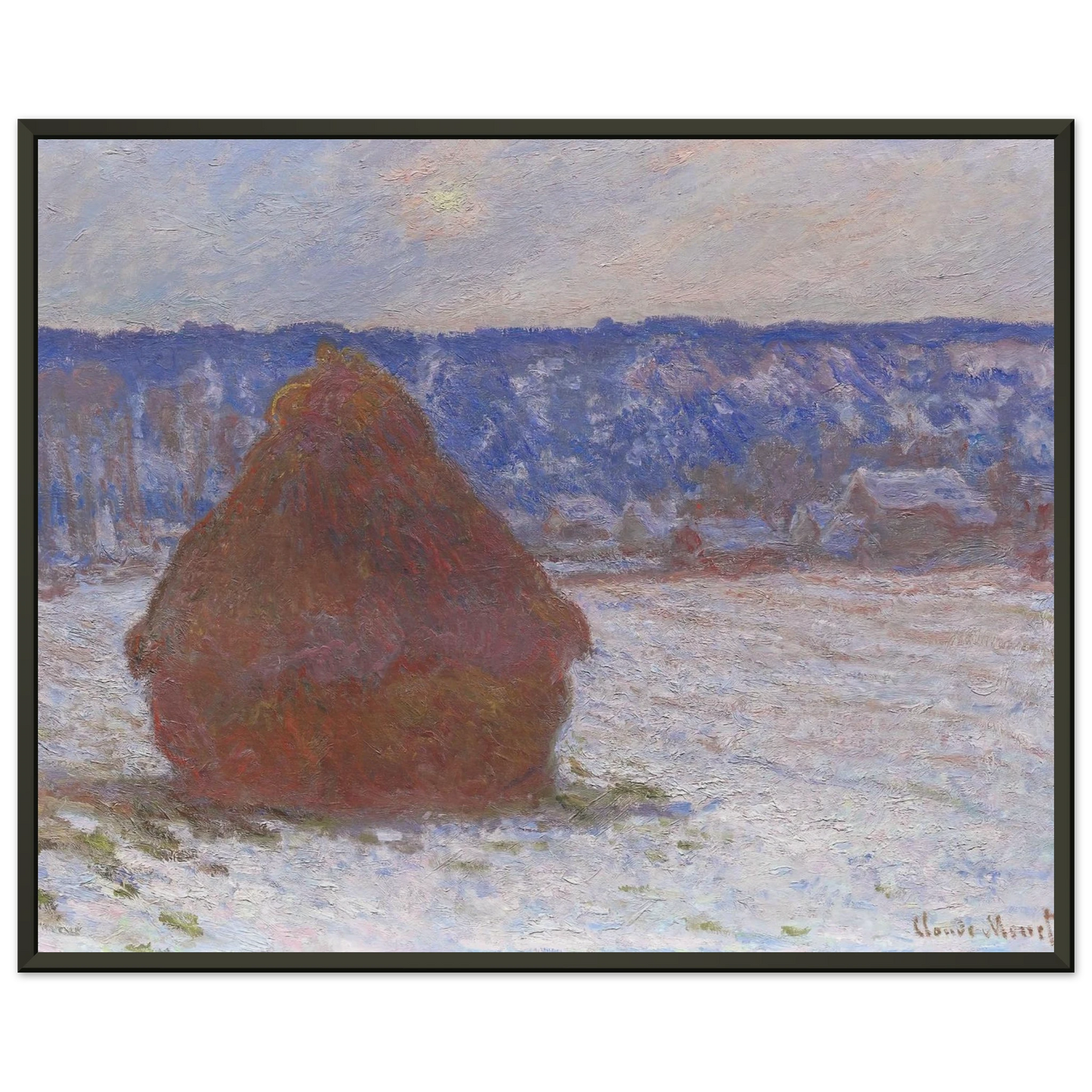 claude monet  Stack of Wheat Snow Effect Overcast Day Framed Art Print  - Aluminum Frame - 40x50 cm / 16x20 inches