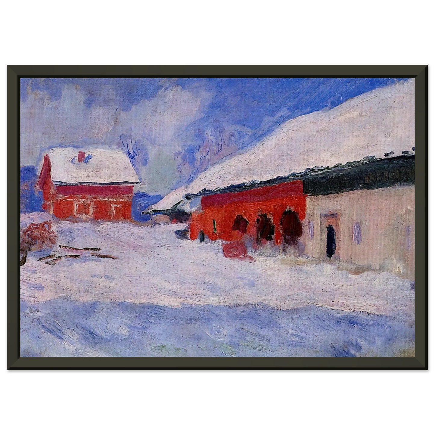 claude monet  Red Houses at Bjornegaard in the Snow Norway Framed Art Print  - Aluminum Frame - 60x80 cm / 24x32 inches