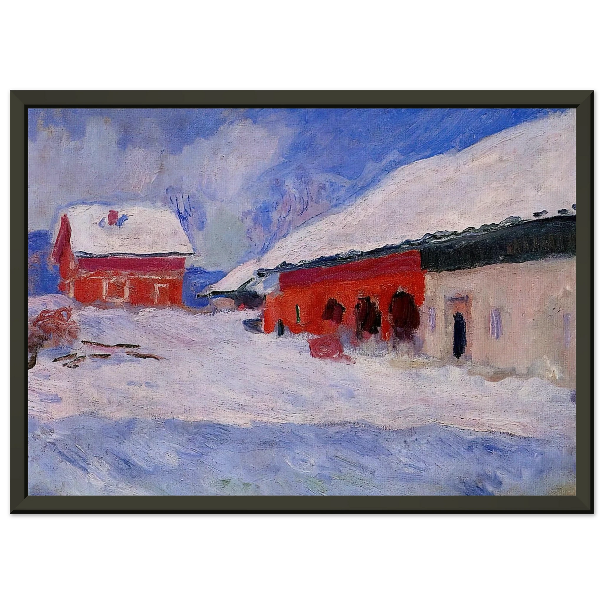 claude monet  Red Houses at Bjornegaard in the Snow Norway Framed Art Print  - Aluminum Frame - 60x80 cm / 24x32 inches