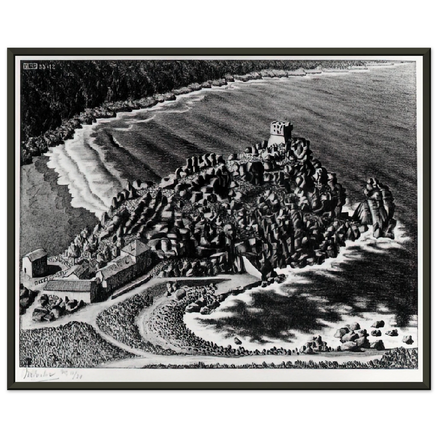 MC Escher  GULF OF PORTO CORSICA DECEMBER 1933 1933 Framed Art Print  - Aluminum Frame - 40x50 cm / 16x20 inches