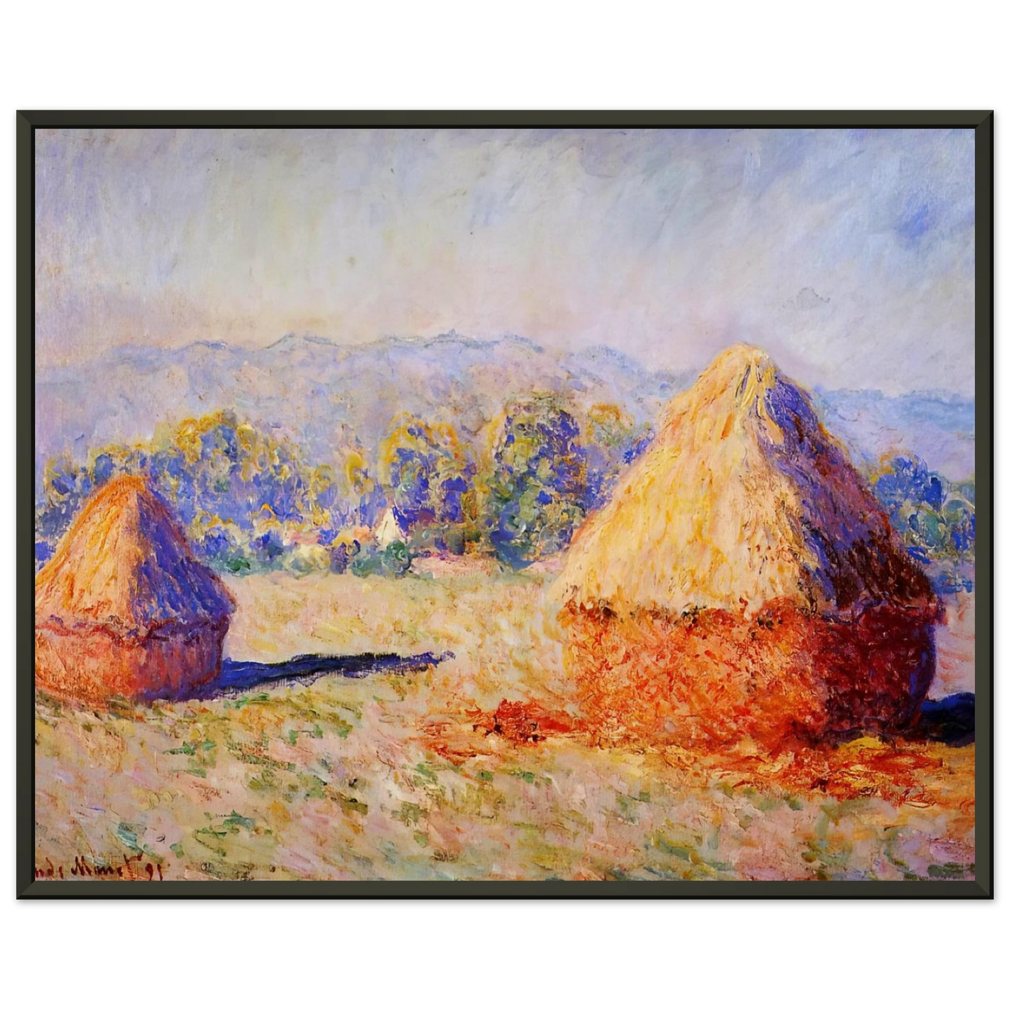 claude monet  Grainstacks in the Sunlight Morning Effect Framed Art Print  - Aluminum Frame - 70x100 cm / 28x40 inches