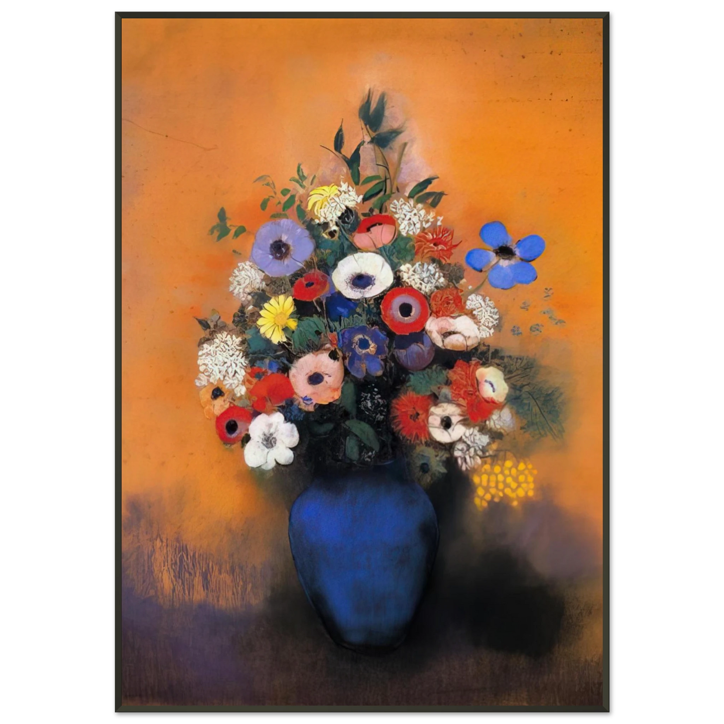 Odilon Redon MINOSAS ANEMONIES AND LEAVES IN A BLUE VASE Framed Art Print - Aluminum Frame - 21x29.7 cm / 8x12"