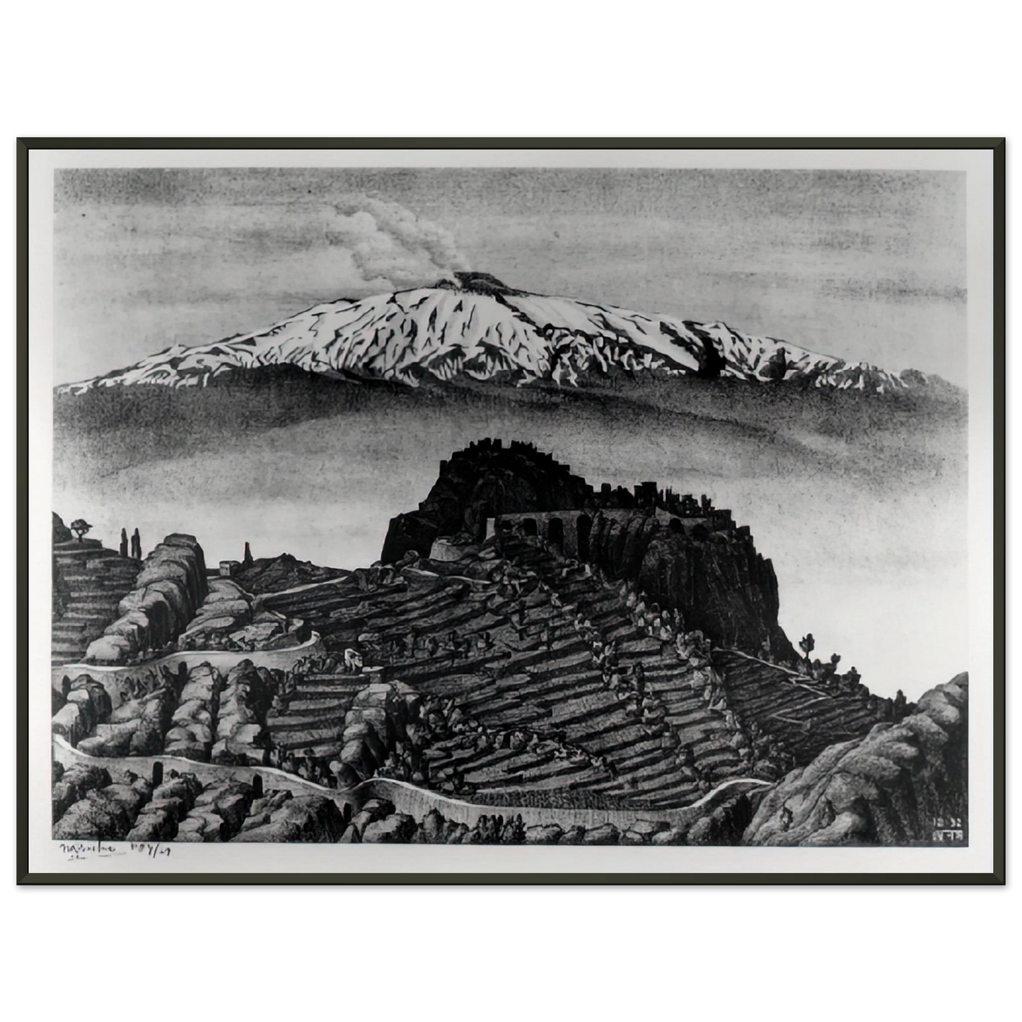 MC Escher  CASTEL MOLA AND MOUNT ETNA SICILY DECEMBER 1932 1932 Framed Art Print  - Aluminum Frame - 40x50 cm / 16x20 inches