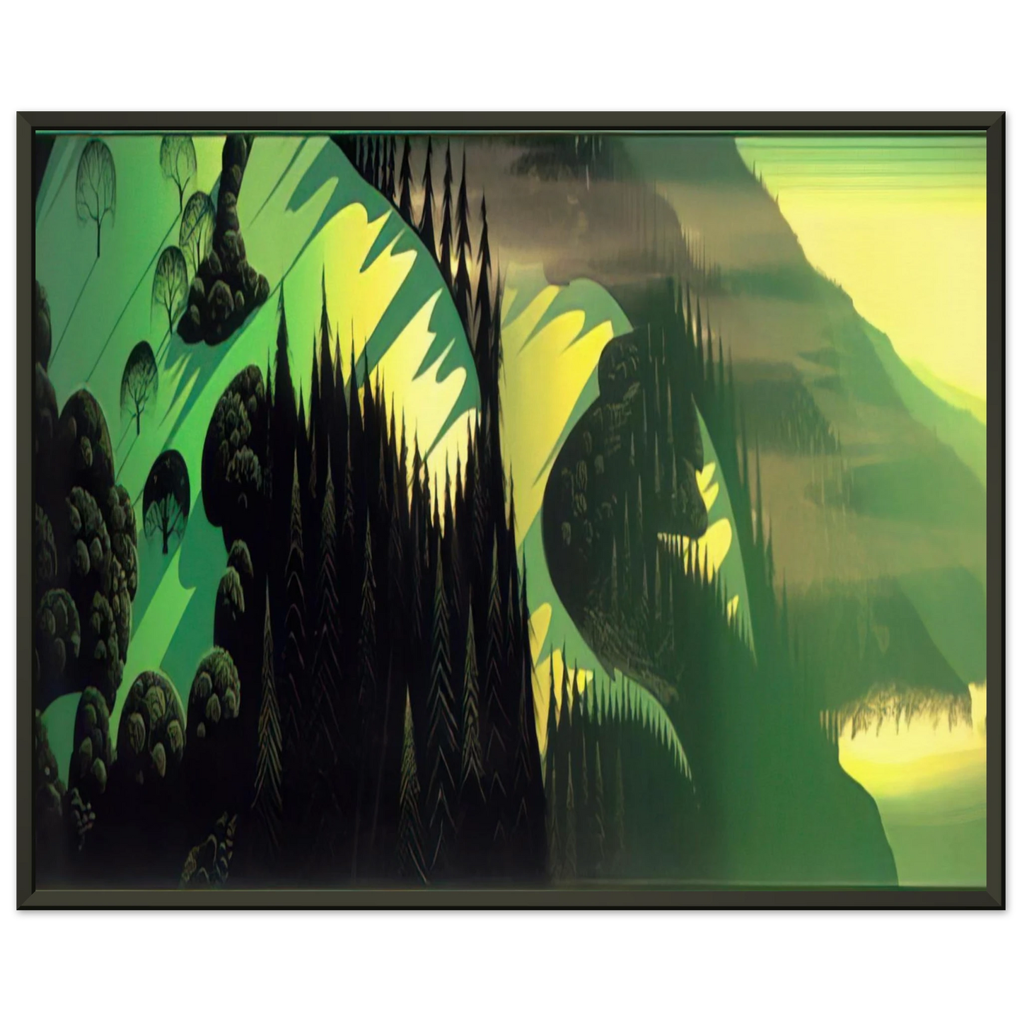 Eyvind Earle Three Pastures by the Sea Framed Art Print - Aluminum Frame - 70x100 cm / 28x40 inches