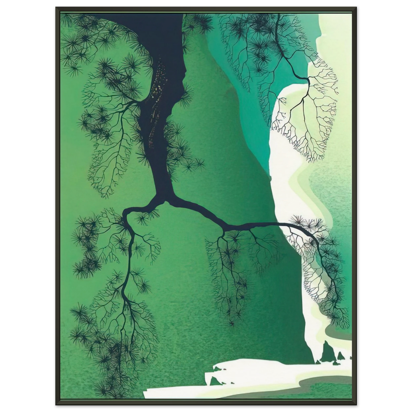 Eyvind Earle  Sea Cliffs and Pine Branch Framed Art Print  - Aluminum Frame - 70x100 cm / 28x40 inches