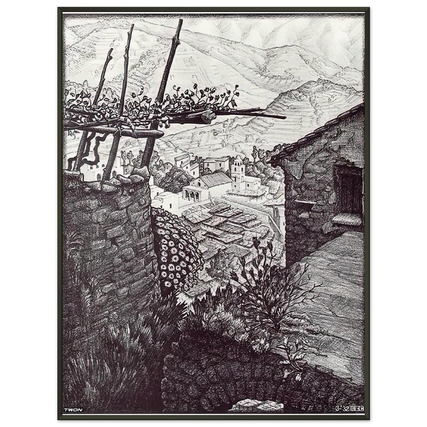MC Escher  THE HAMLET OF TURELLO SOUTHERN ITALY Framed Art Print  - Aluminum Frame - 70x100 cm / 28x40 inches