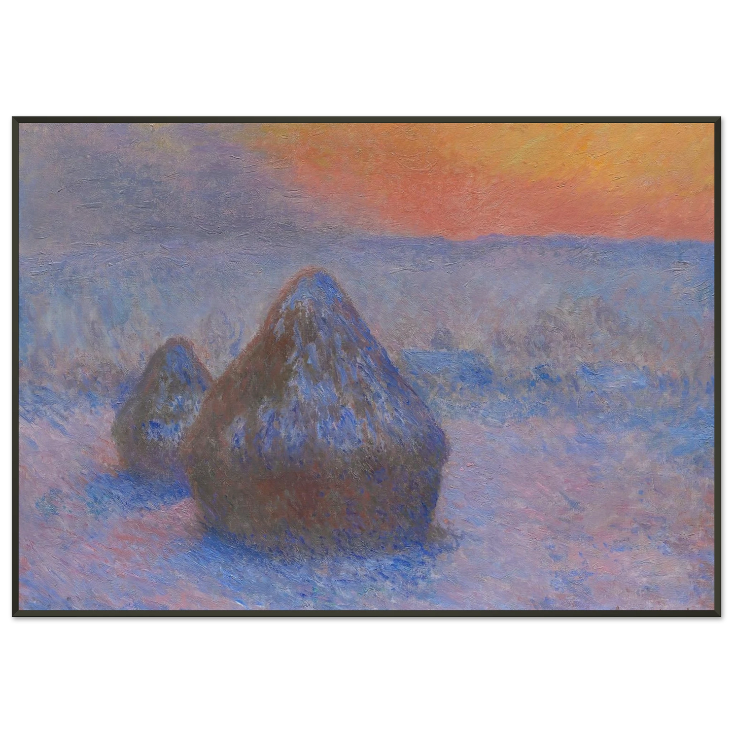 claude monet  Stacks of Wheat Sunset Snow Effect Framed Art Print  - Aluminum Frame - 21x29.7 cm / 8x12"