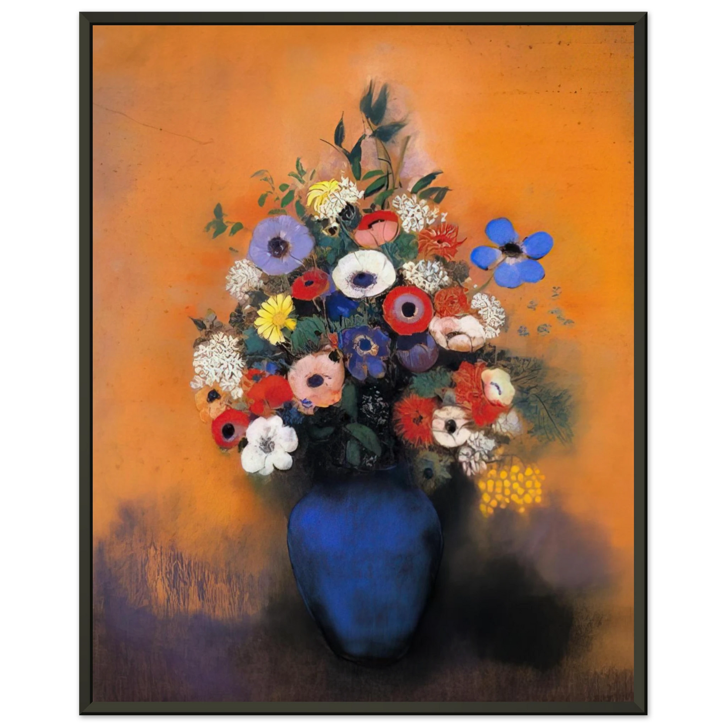 Odilon Redon MINOSAS ANEMONIES AND LEAVES IN A BLUE VASE Framed Art Print - Aluminum Frame - 70x100 cm / 28x40 inches