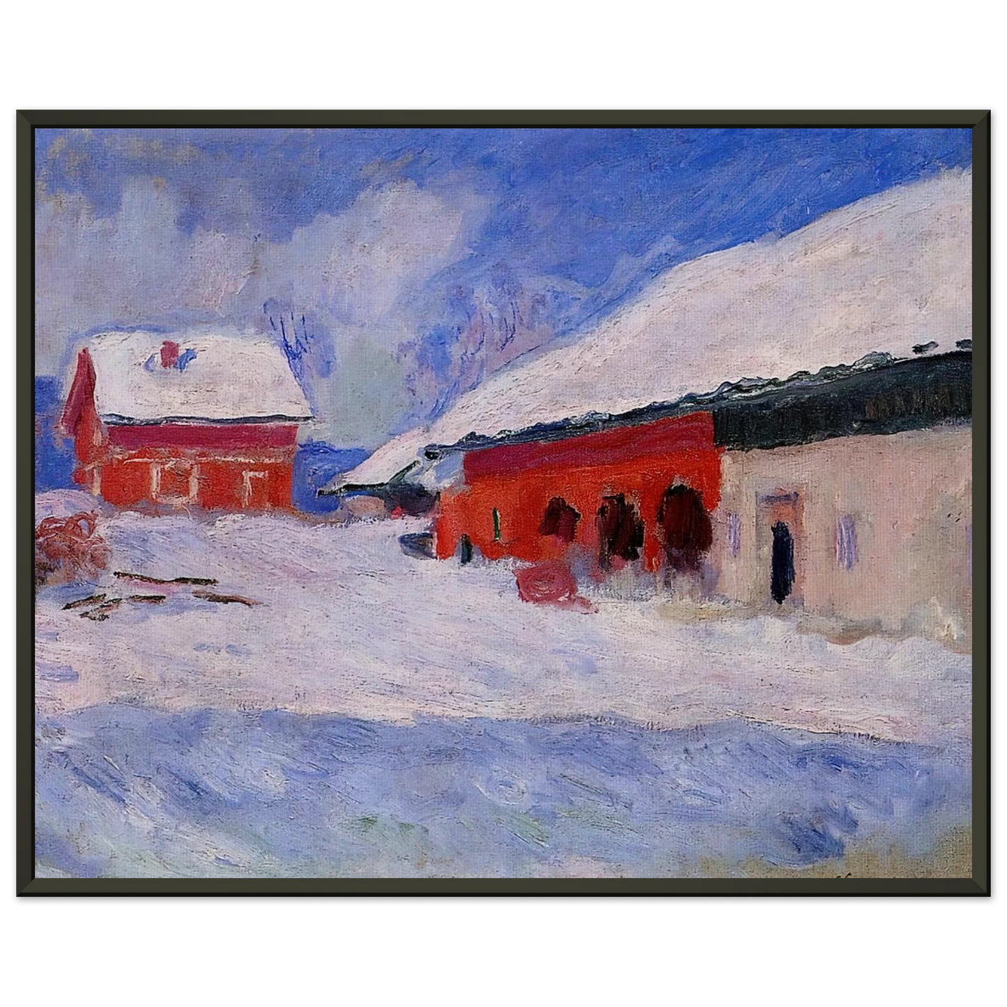 claude monet  Red Houses at Bjornegaard in the Snow Norway Framed Art Print  - Aluminum Frame - 70x100 cm / 28x40 inches
