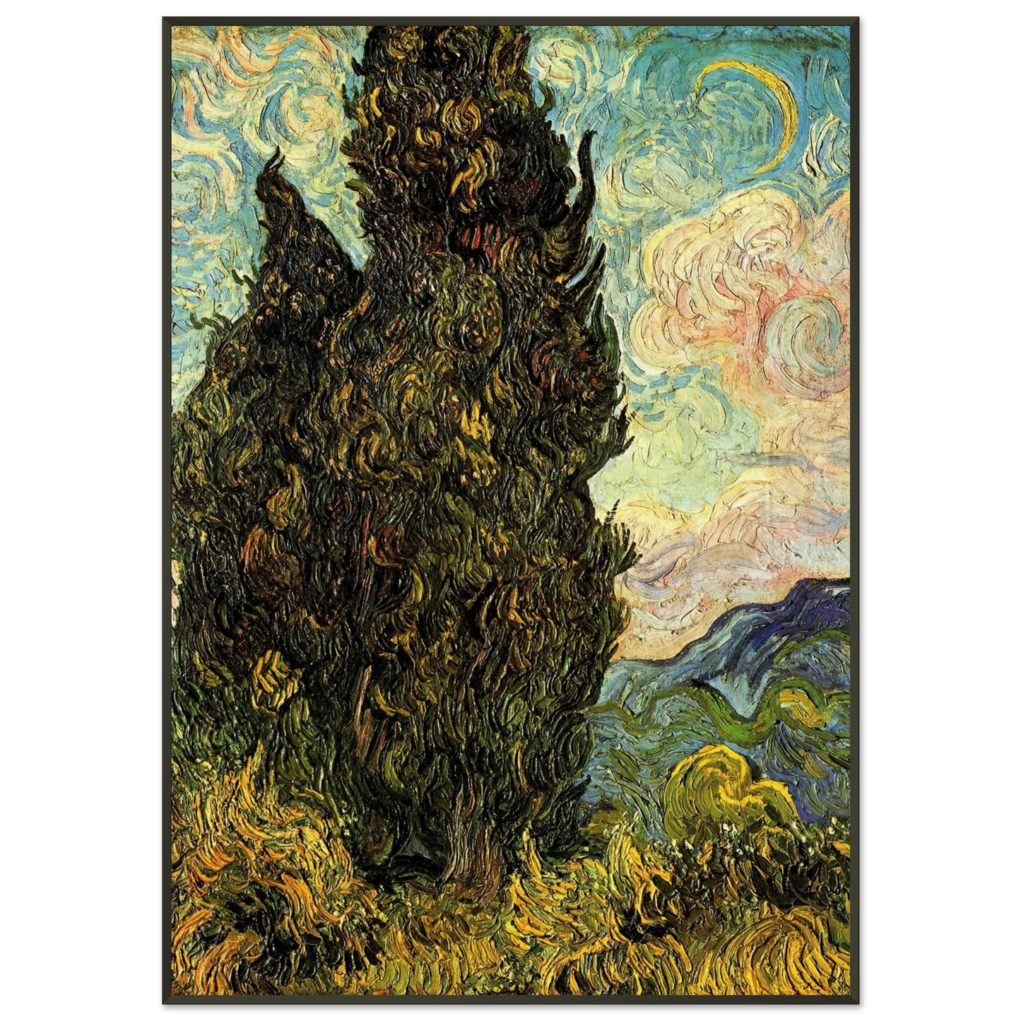Vincent van Gogh Two Cypresses Framed Art Print - Aluminum Frame - 21x29.7 cm / 8x12"