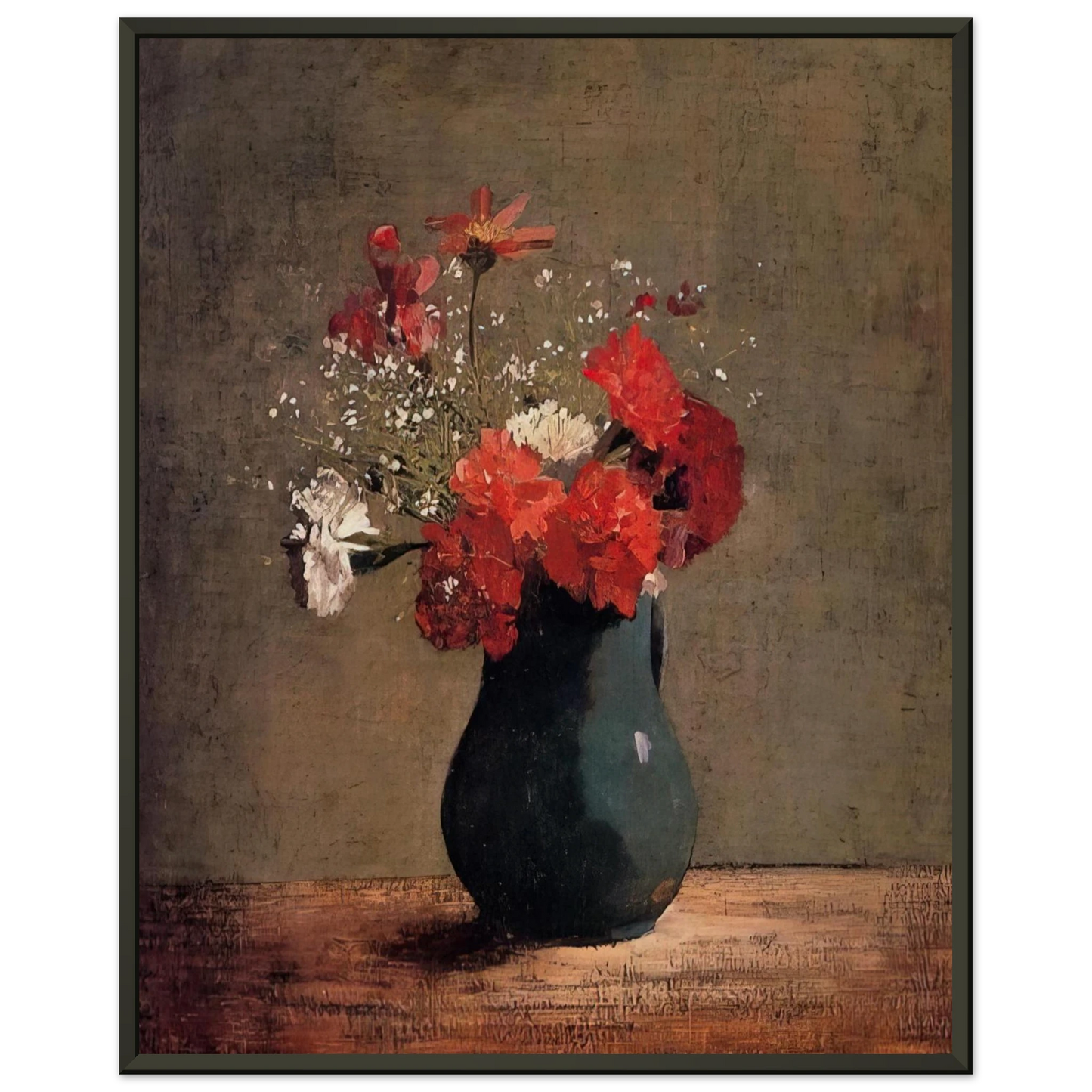 Odilon Redon  CARNATIONS AND BABY S BREATH IN A GREEN PITCHER Framed Art Print  - Aluminum Frame - 40x50 cm / 16x20 inches