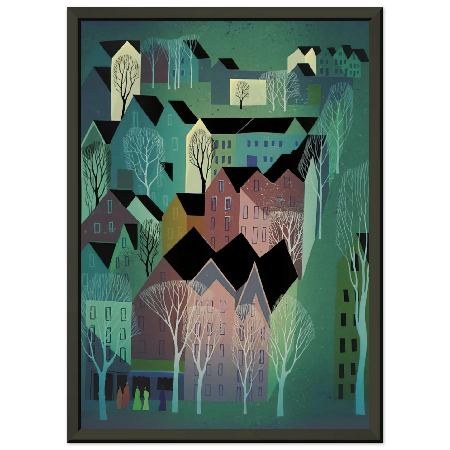 Eyvind Earle Village Framed Art Print - Aluminum Frame - 70x100 cm / 28x40 inches
