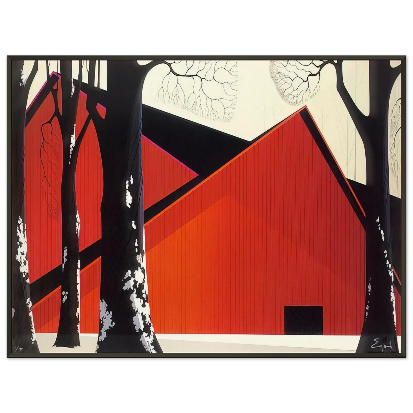 Eyvind Earle The Great Red Barn Framed Art Print - Aluminum Frame - 60x80 cm / 24x32 inches