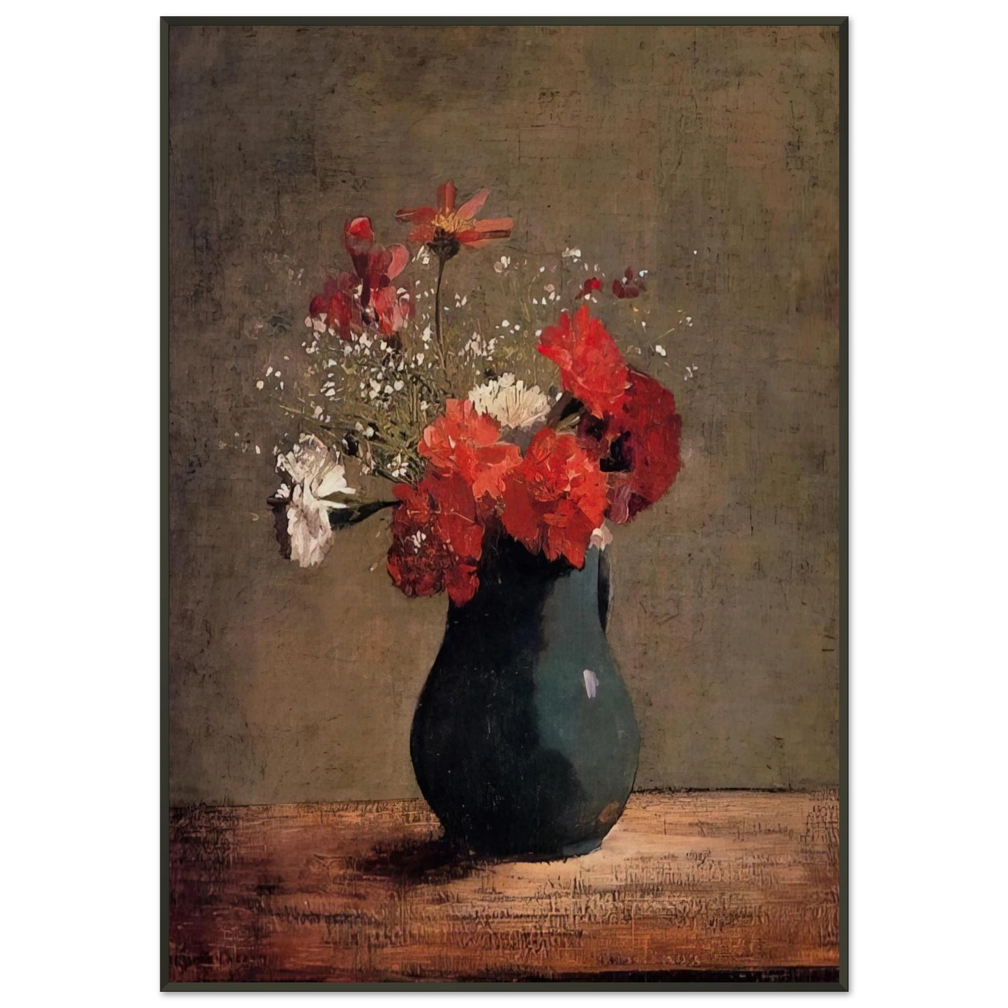 Odilon Redon  CARNATIONS AND BABY S BREATH IN A GREEN PITCHER Framed Art Print  - Aluminum Frame - 21x29.7 cm / 8x12"