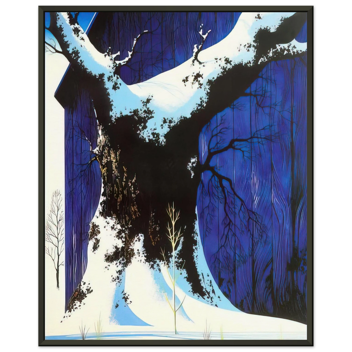 Eyvind Earle Blue Barn and Snow Framed Art Print - Aluminum Frame - 40x50 cm / 16x20 inches