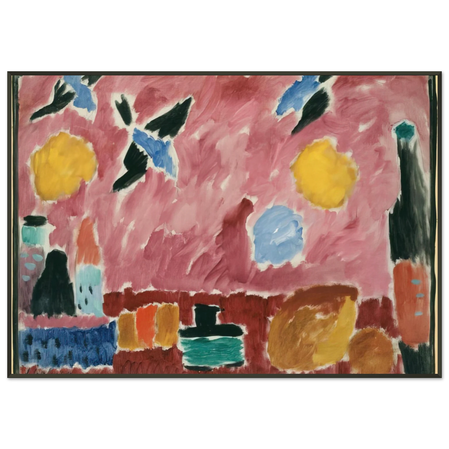 Alexej von Jawlensky STILL LIFE WITH BOTTLE BREAD AND RED WALLPAPER WITH SWALLOWS 1915 Framed Art Print - Aluminum Frame - 21x29.7 cm / 8x12"
