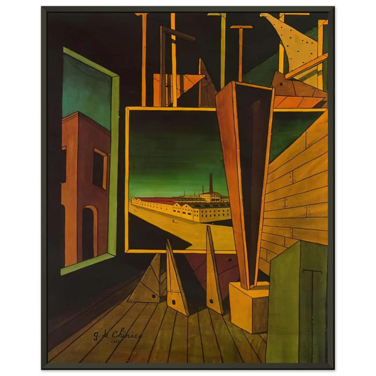 Giorgio de Chirico GEOMETRIC COMPOSITION WITH FACTORY LANDSCAPE 1917 Framed Art Print - Aluminum Frame - 60x80 cm / 24x32 inches