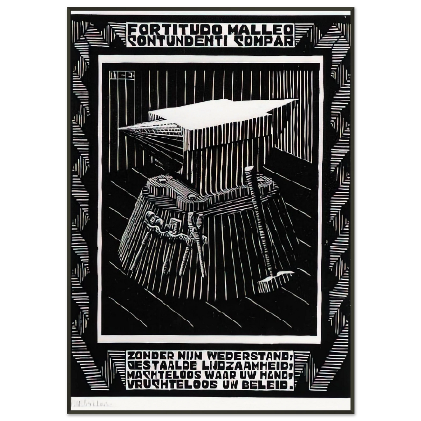 MC Escher  EMBLEMATA ANVIL Framed Art Print  - Aluminum Frame - 21x29.7 cm / 8x12"