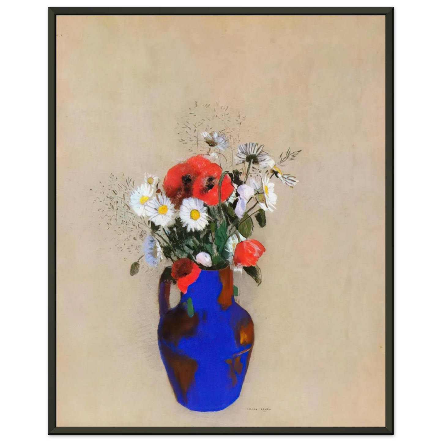 Odilon Redon  POPPIES AND DAISIES IN A BLUE VASE Framed Art Print  - Aluminum Frame - 70x100 cm / 28x40 inches