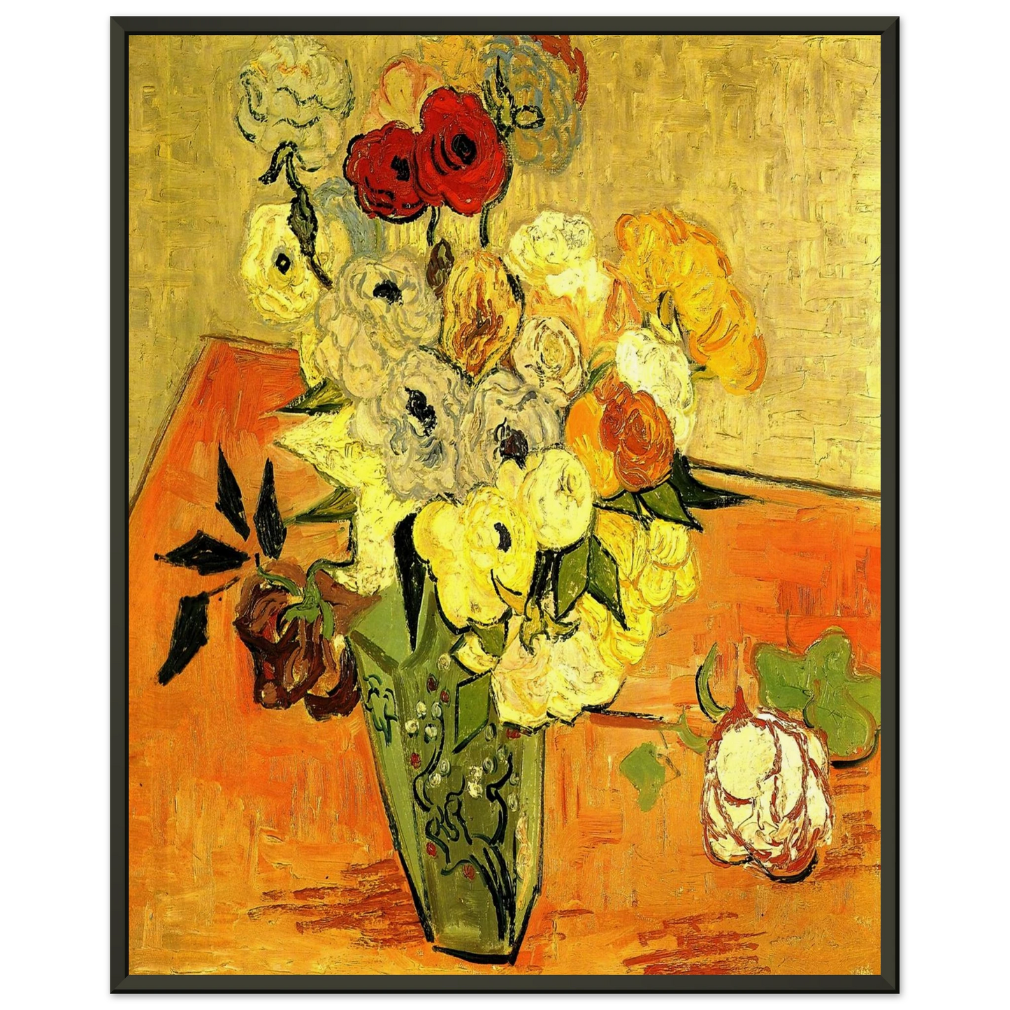 Vincent van Gogh  Japanese Vase with Roses and Anemones Framed Art Print  - Aluminum Frame - 40x50 cm / 16x20 inches