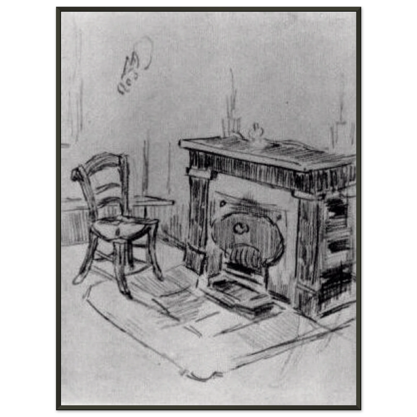 Vincent van Gogh  Mantelpiece with Chair Framed Art Print  - Aluminum Frame - 70x100 cm / 28x40 inches