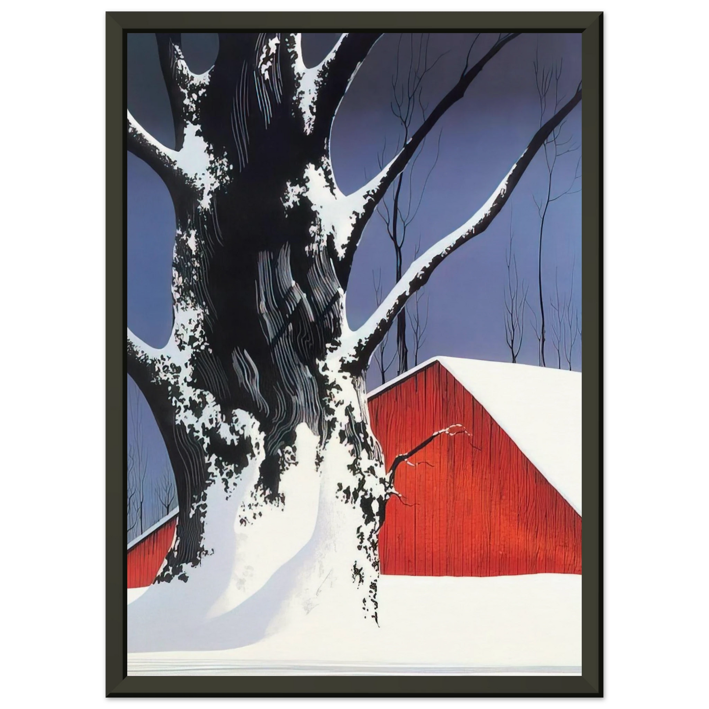 Eyvind Earle Red Barn and Tree Snow Framed Art Print - Aluminum Frame - 40x50 cm / 16x20 inches