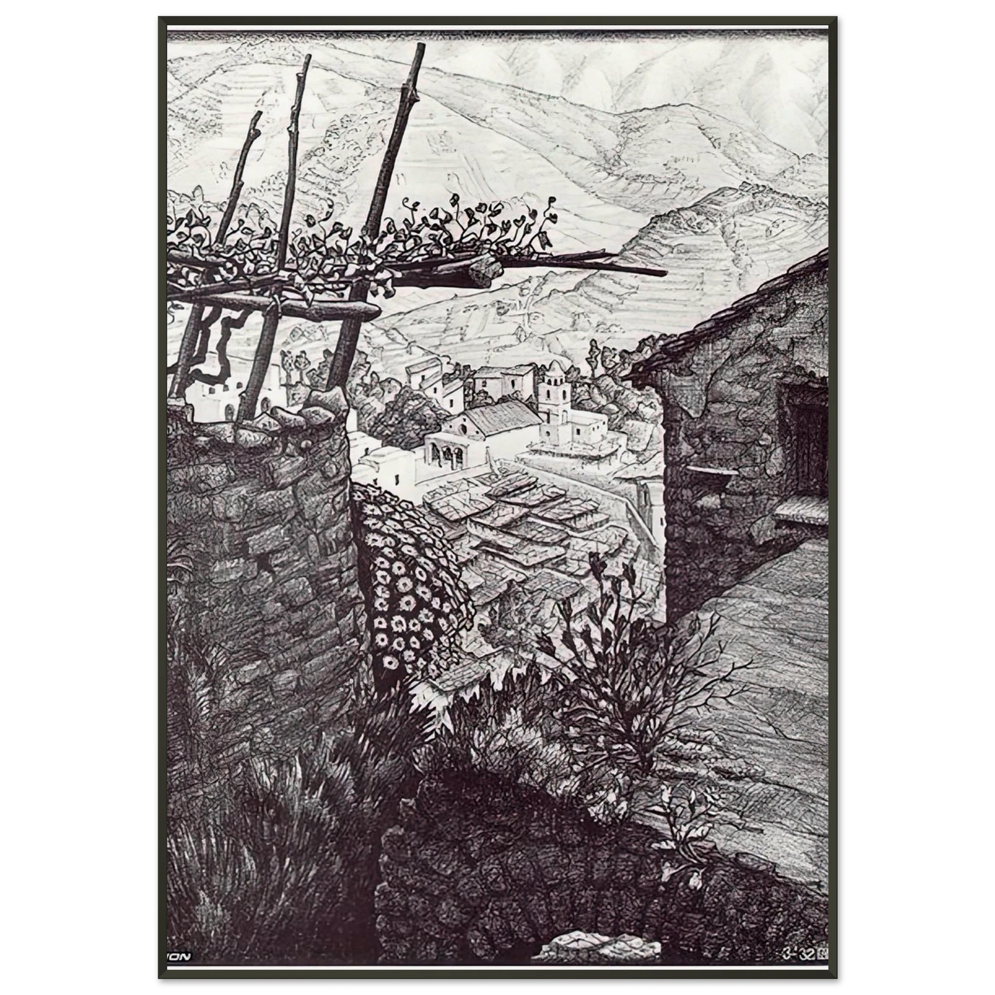MC Escher  THE HAMLET OF TURELLO SOUTHERN ITALY Framed Art Print  - Aluminum Frame - 21x29.7 cm / 8x12"