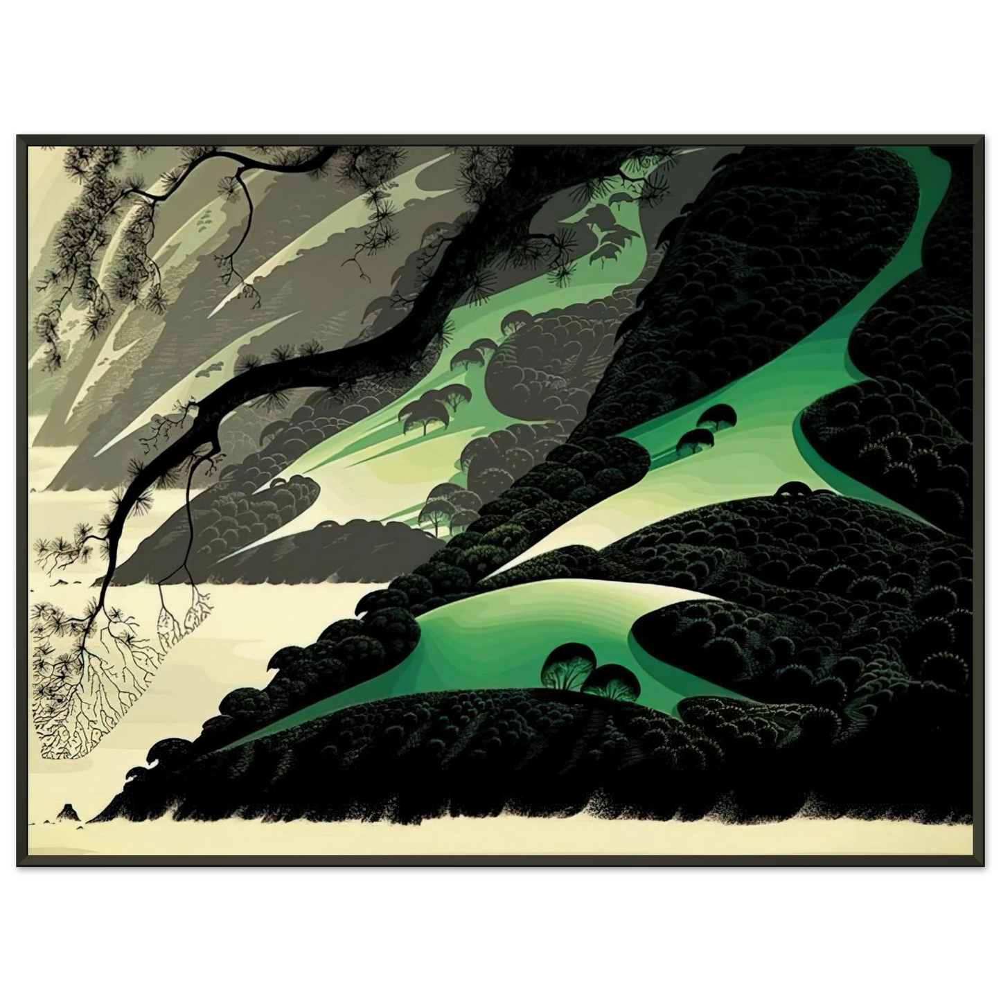 Eyvind Earle  Green Big Sur Framed Art Print  - Aluminum Frame - 70x100 cm / 28x40 inches