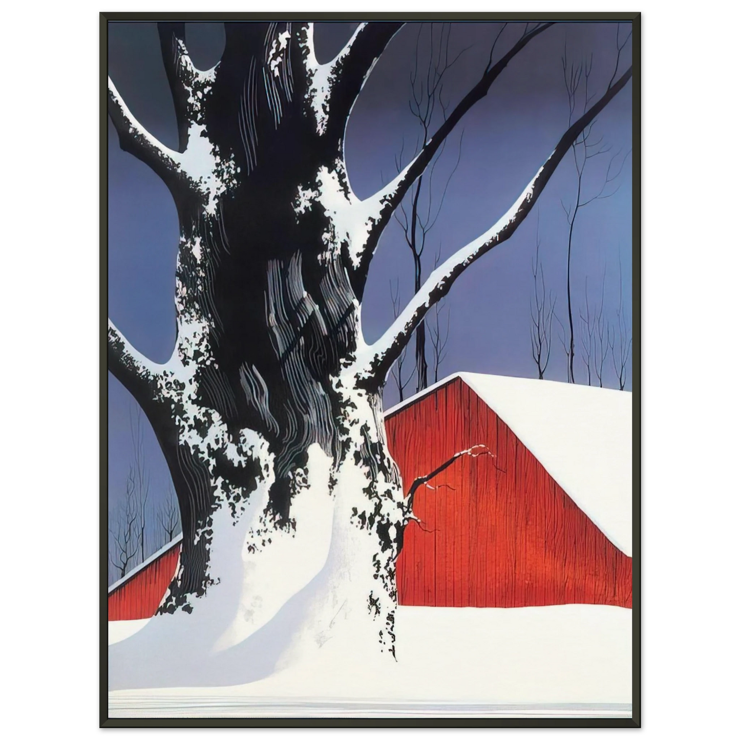 Eyvind Earle Red Barn and Tree Snow Framed Art Print - Aluminum Frame - 70x100 cm / 28x40 inches
