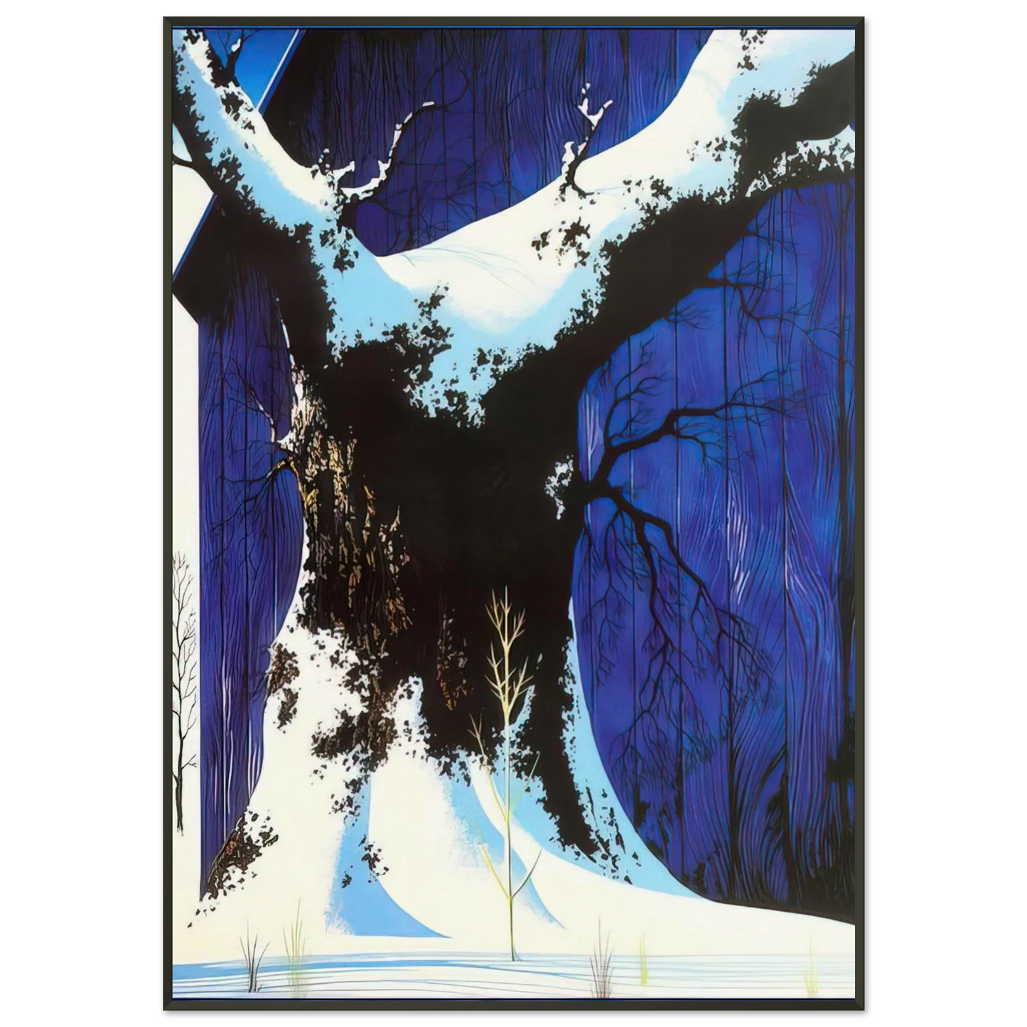 Eyvind Earle Blue Barn and Snow Framed Art Print - Aluminum Frame - 21x29.7 cm / 8x12"