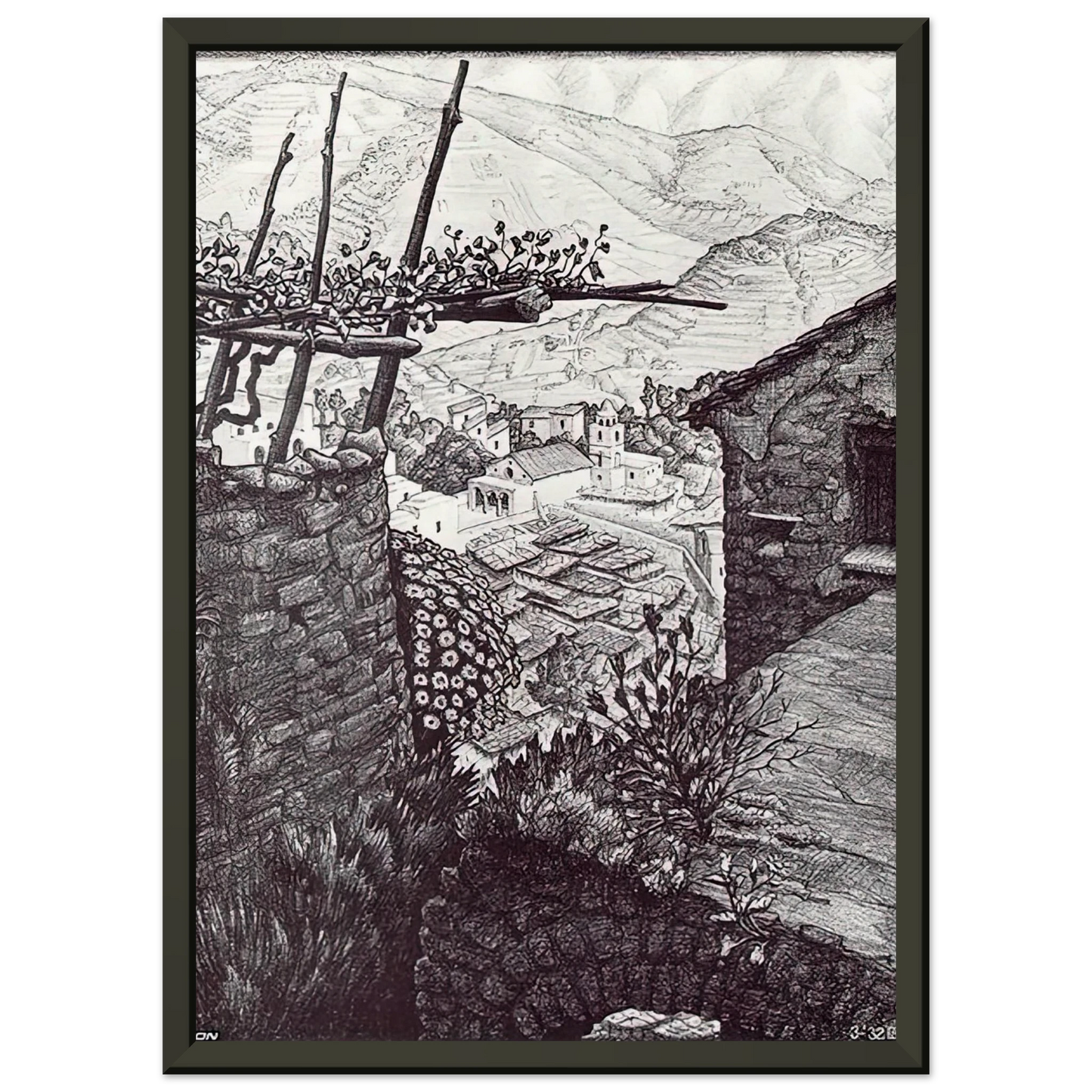 MC Escher  THE HAMLET OF TURELLO SOUTHERN ITALY Framed Art Print  - Aluminum Frame - 60x80 cm / 24x32 inches