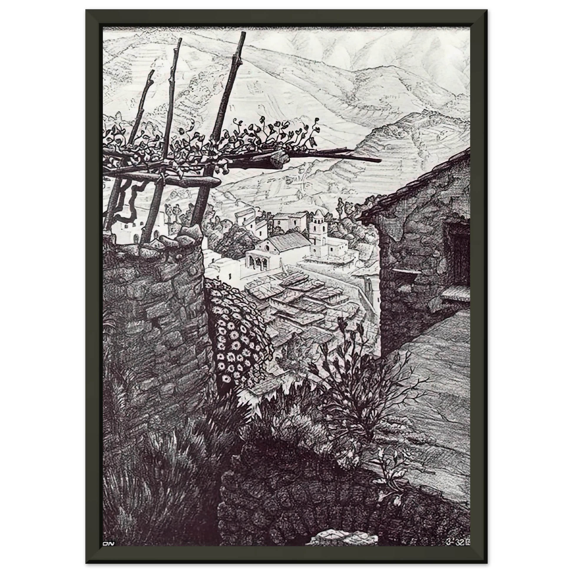 MC Escher  THE HAMLET OF TURELLO SOUTHERN ITALY Framed Art Print  - Aluminum Frame - 60x80 cm / 24x32 inches