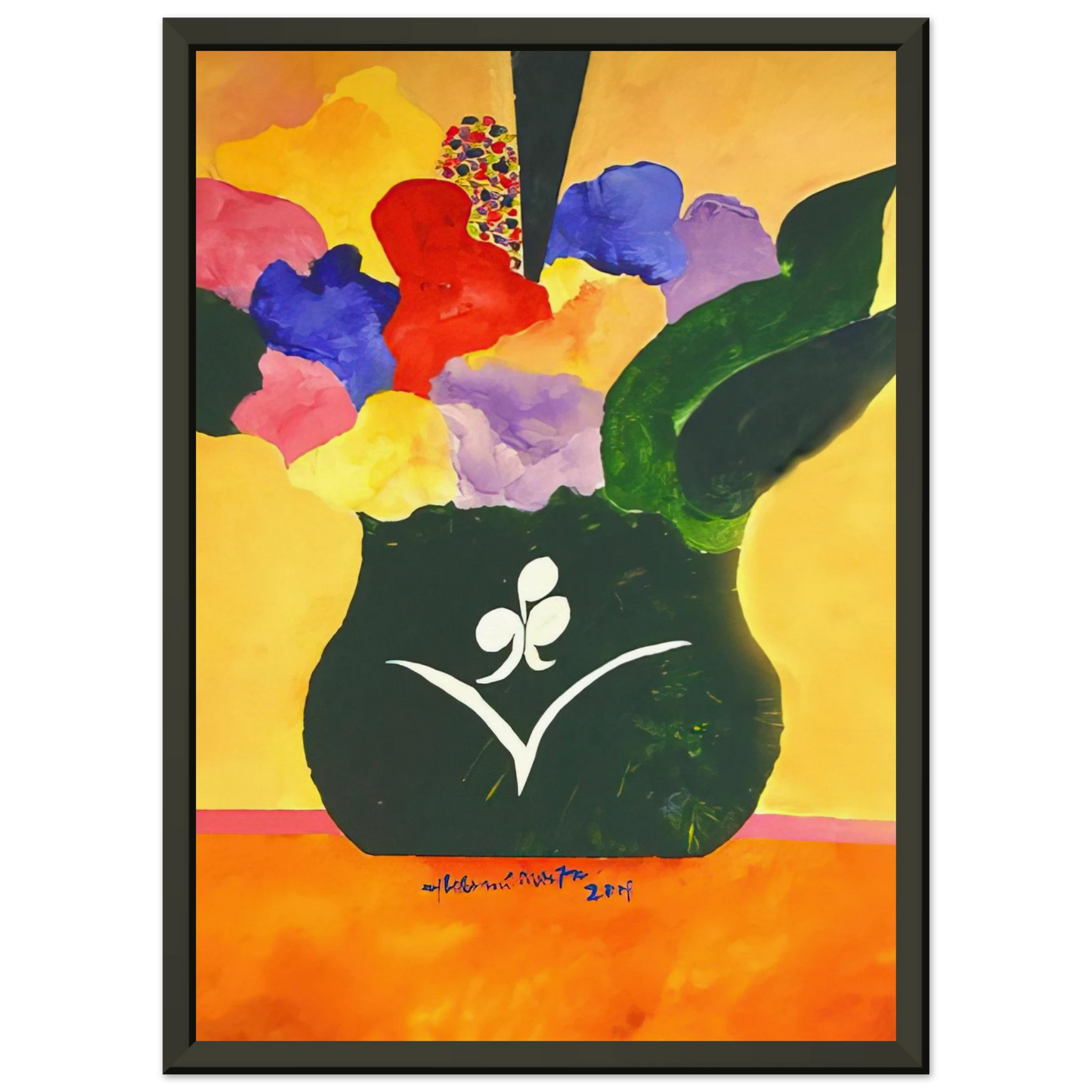 Aldemir Martins Green Vase With Flowers and Fruit 2001 Framed Art Print - Aluminum Frame - 70x100 cm / 28x40 inches