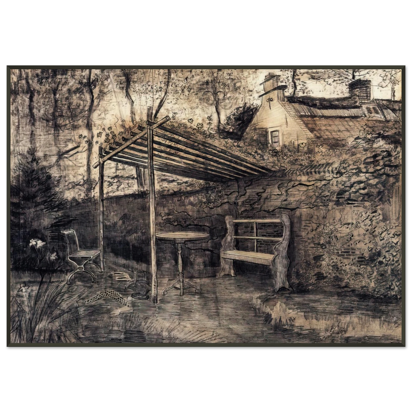 Vincent van Gogh  The Garden of the Parsonage with Arbor Framed Art Print  - Aluminum Frame - 21x29.7 cm / 8x12"
