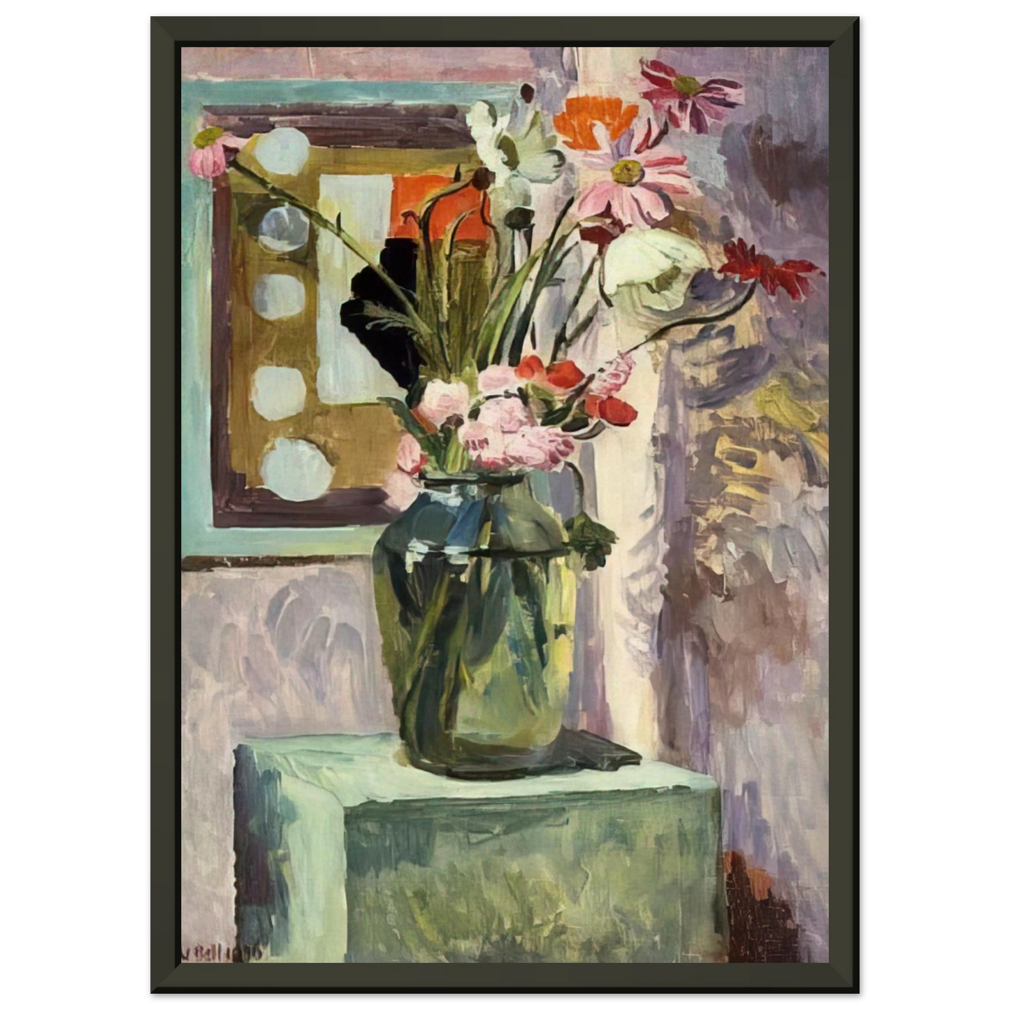 Vanessa Bell FLOWERS IN A GLASS VASE WITH ABSTRACT NEEDLEWORK DESIGN Framed Art Print - Aluminum Frame - 40x50 cm / 16x20 inches