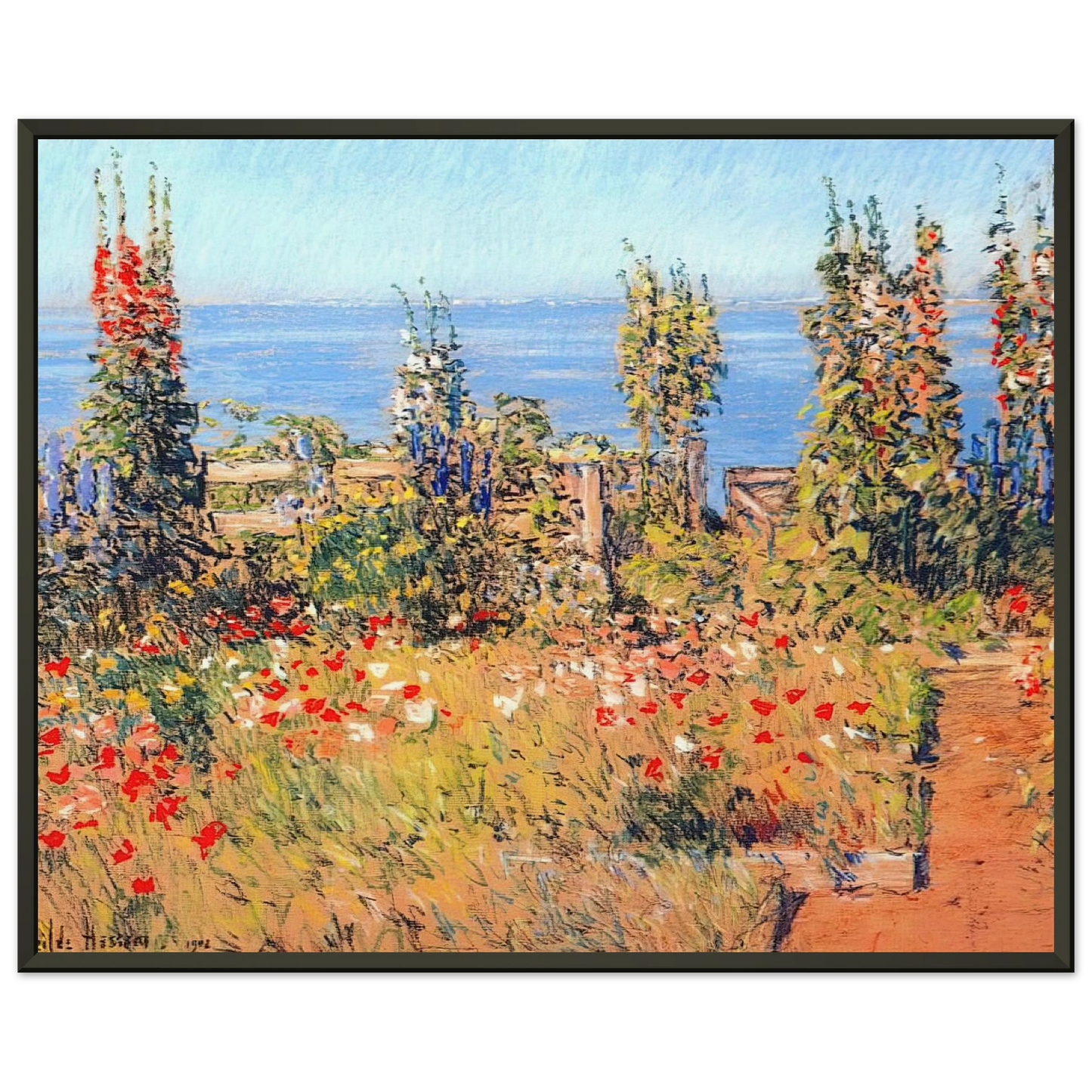 Childe Hassam  Hollyhocks Isles of Shoals Framed Art Print  - Aluminum Frame - 40x50 cm / 16x20 inches
