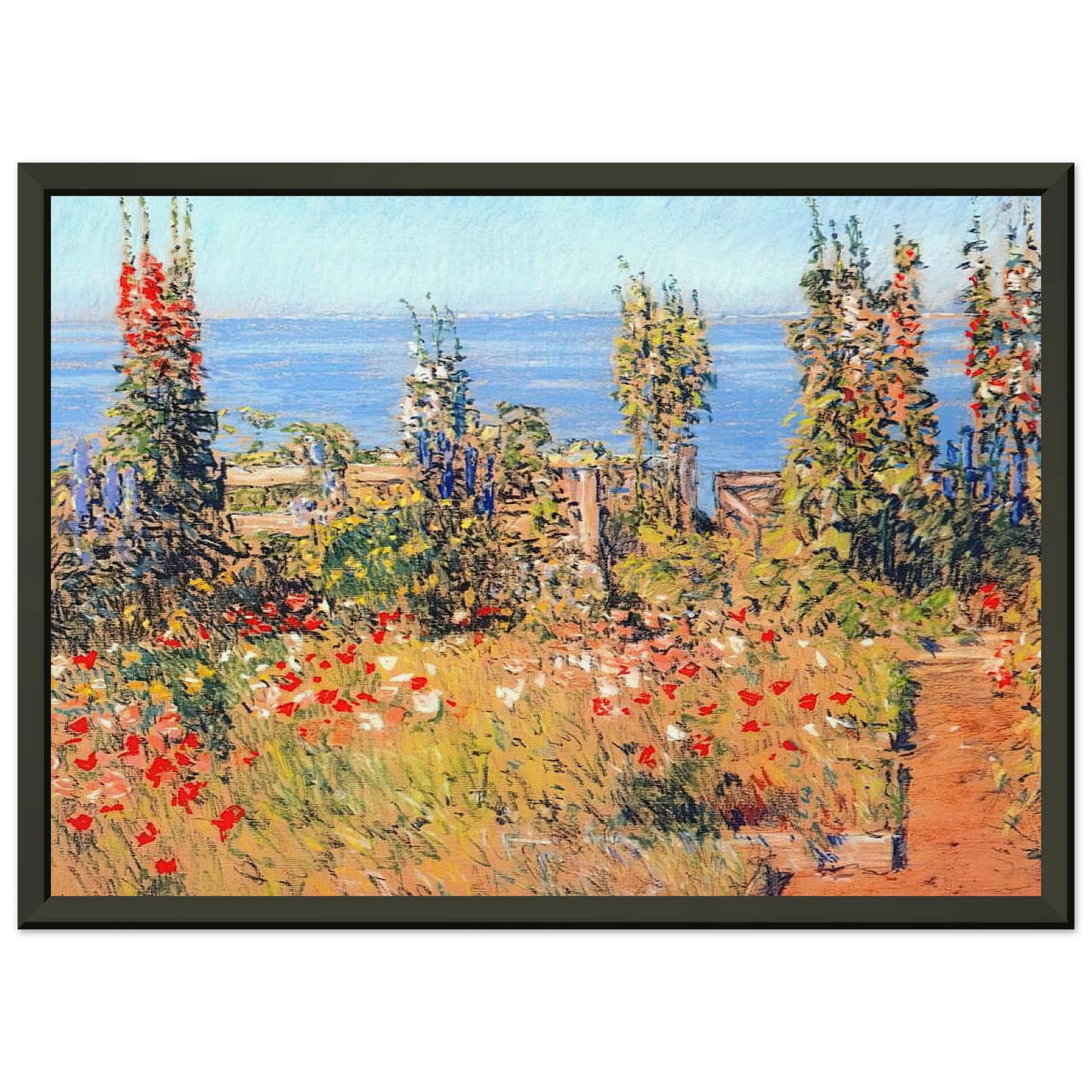 Childe Hassam  Hollyhocks Isles of Shoals Framed Art Print  - Aluminum Frame - 60x80 cm / 24x32 inches