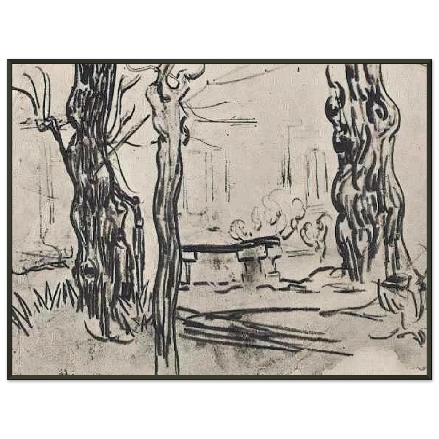 Vincent van Gogh  Garden of the Asylum and Tree Trunks and a Stone Bench Framed Art Print  - Aluminum Frame - 70x100 cm / 28x40 inches