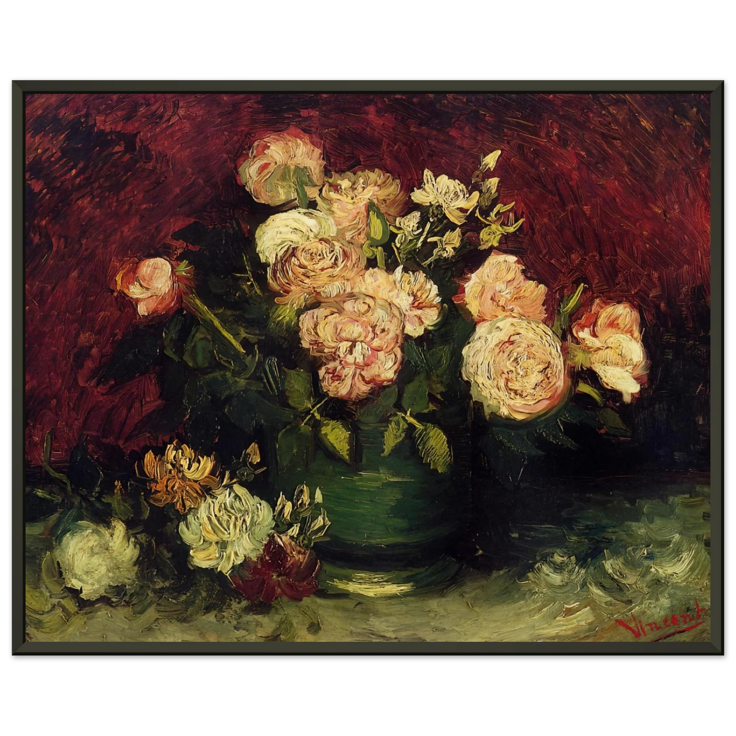 Vincent van Gogh  Bowl with Peonies and Roses Framed Art Print  - Aluminum Frame - 60x80 cm / 24x32 inches