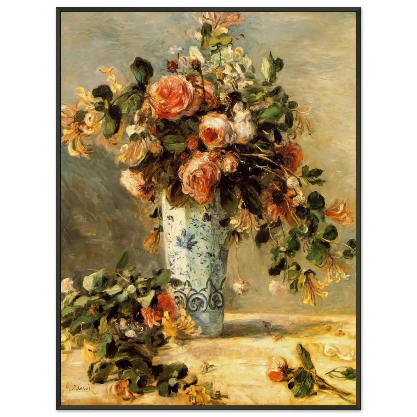 PierreAuguste Renoir  Roses and Jasmine in a Delft Vase Framed Art Print  - Aluminum Frame - 60x80 cm / 24x32 inches