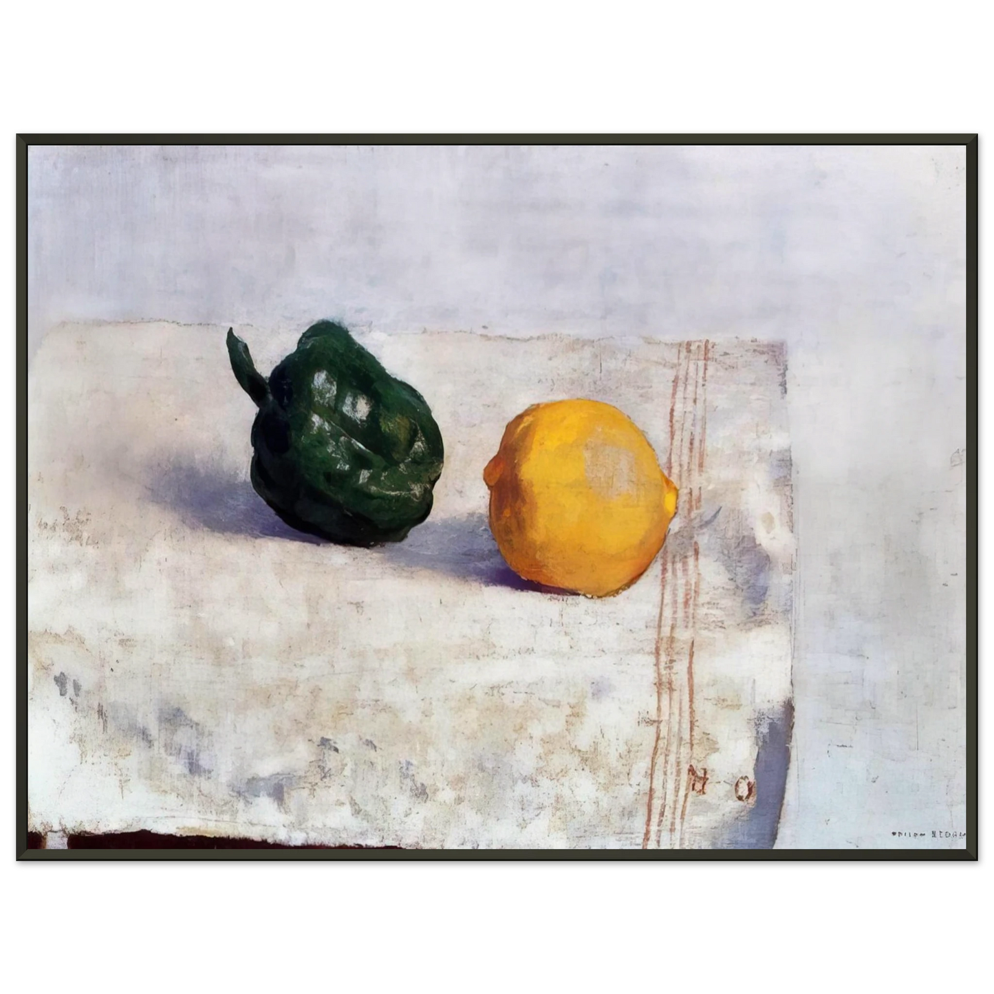 Odilon Redon  PEPPER AND LEMON ON A WHITE TABLECLOTH 1901 Framed Art Print  - Aluminum Frame - 40x50 cm / 16x20 inches