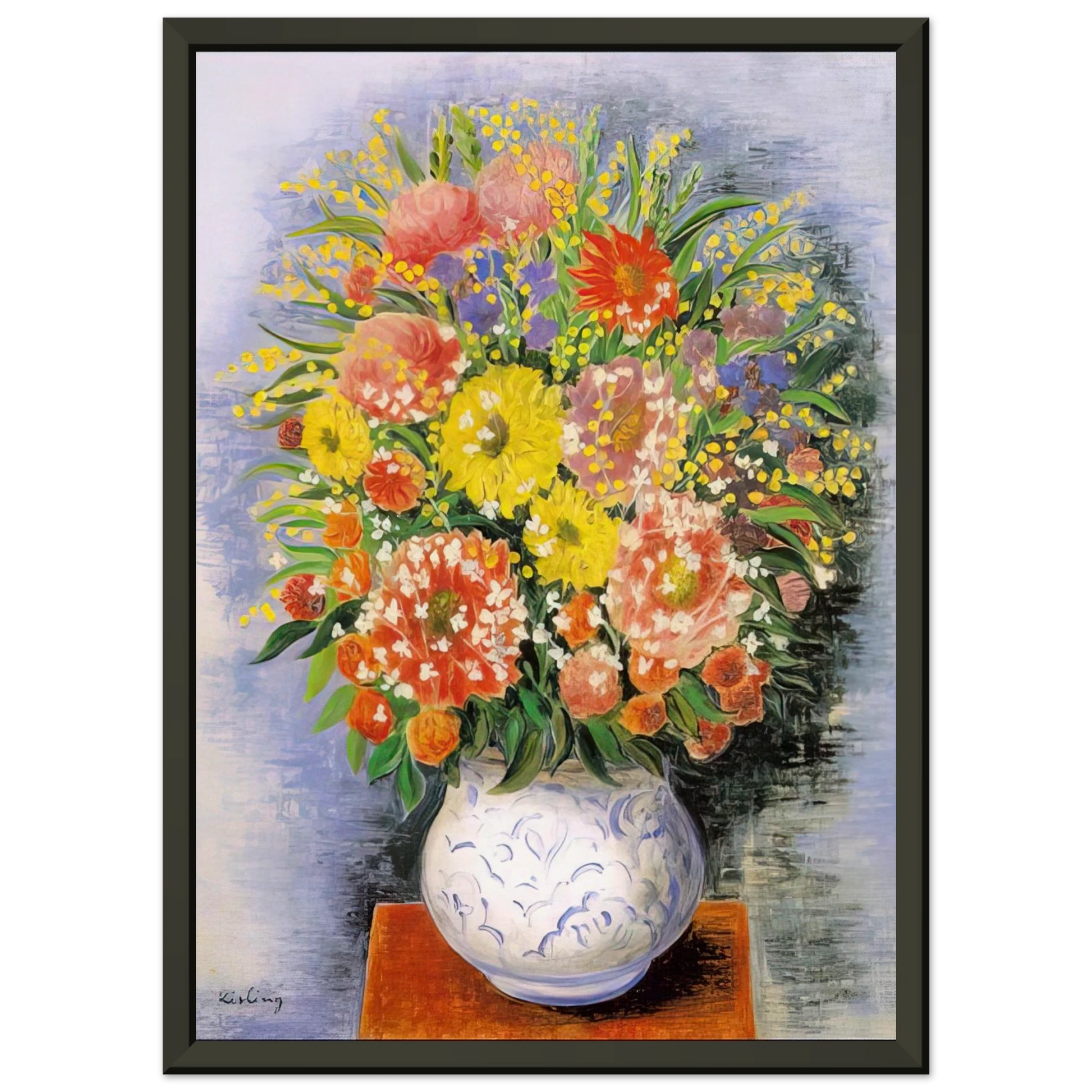 Moise Kisling  BOUQUET OF VARIOUS FLOWERS AND MIMOSA Framed Art Print  - Aluminum Frame - 70x100 cm / 28x40 inches