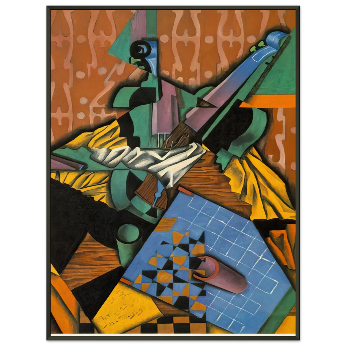 Juan Gris  PHOTOGRAPH OF VIOLIN AND CHECKERBOARD 1913 Framed Art Print  - Aluminum Frame - 70x100 cm / 28x40 inches