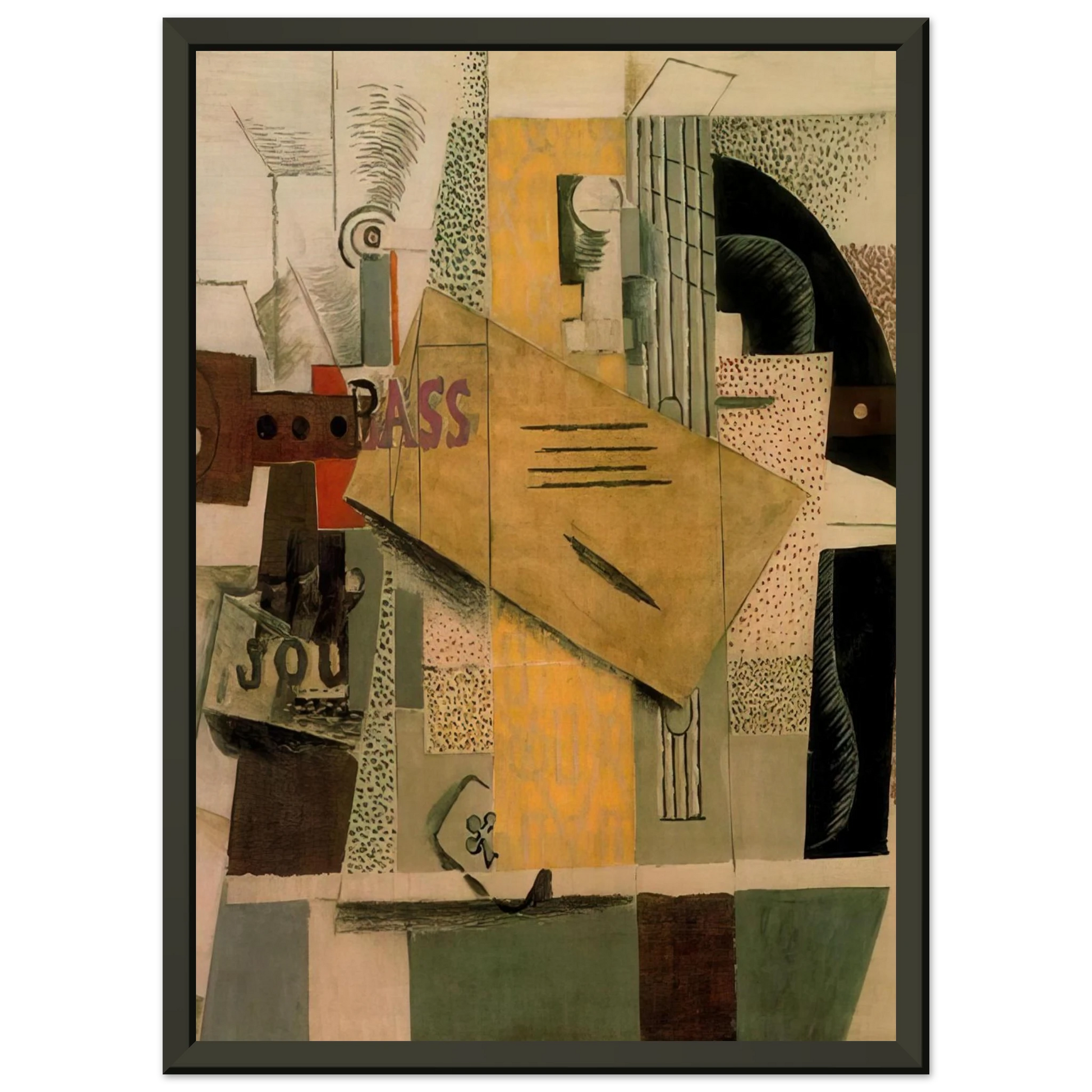 Pablo Picasso  Clarinet bottle of bass newspaper ace of clubs  1913 Framed Art Print  - Aluminum Frame - 60x80 cm / 24x32 inches